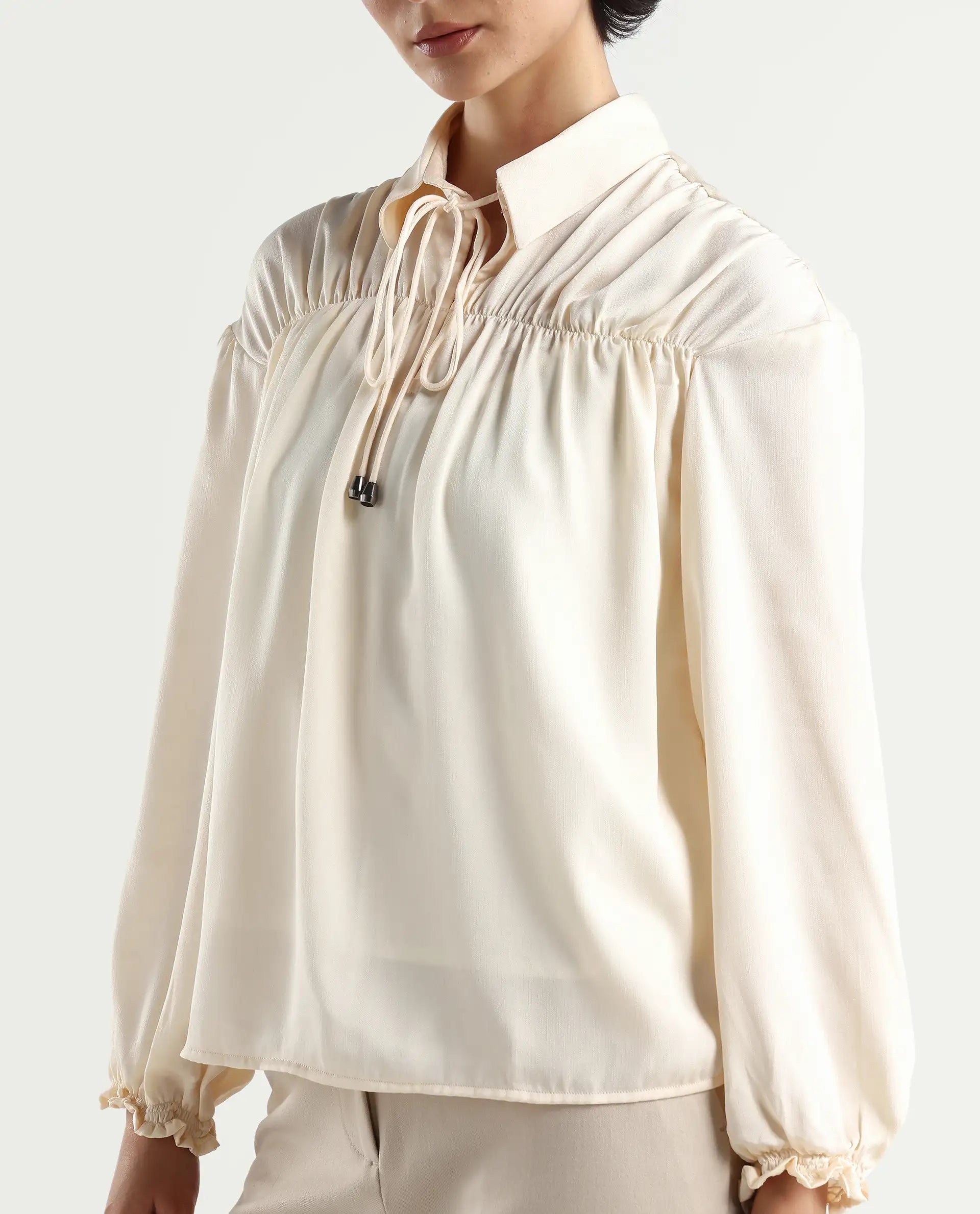 Rareism Women's Paxo Offwhite Polyester Blend Tie-Up Neck Plain Regular Fit Top
