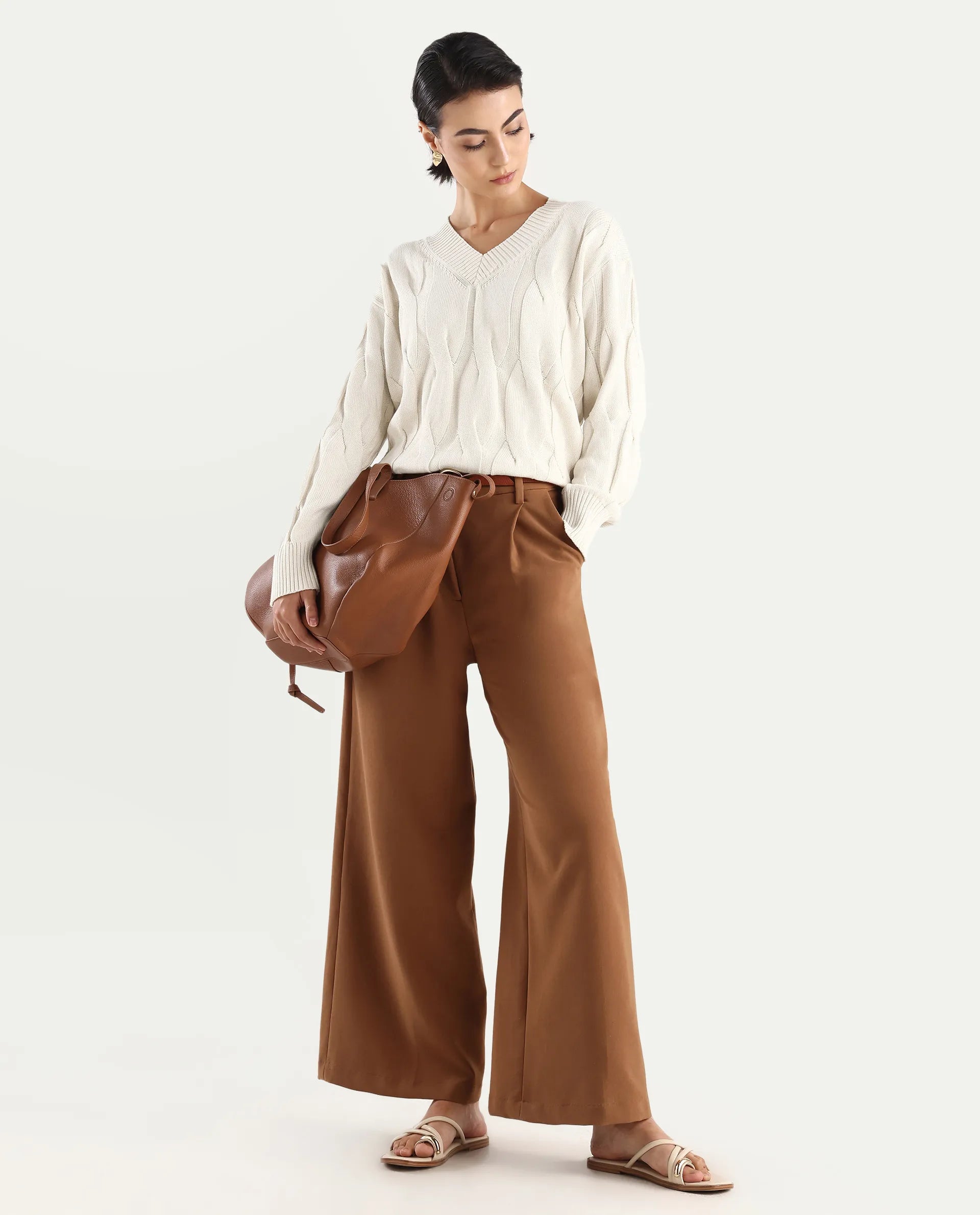 Rareism Women's Pax Off White Cotton V-Neck Plain Relaxed Fit Sweater