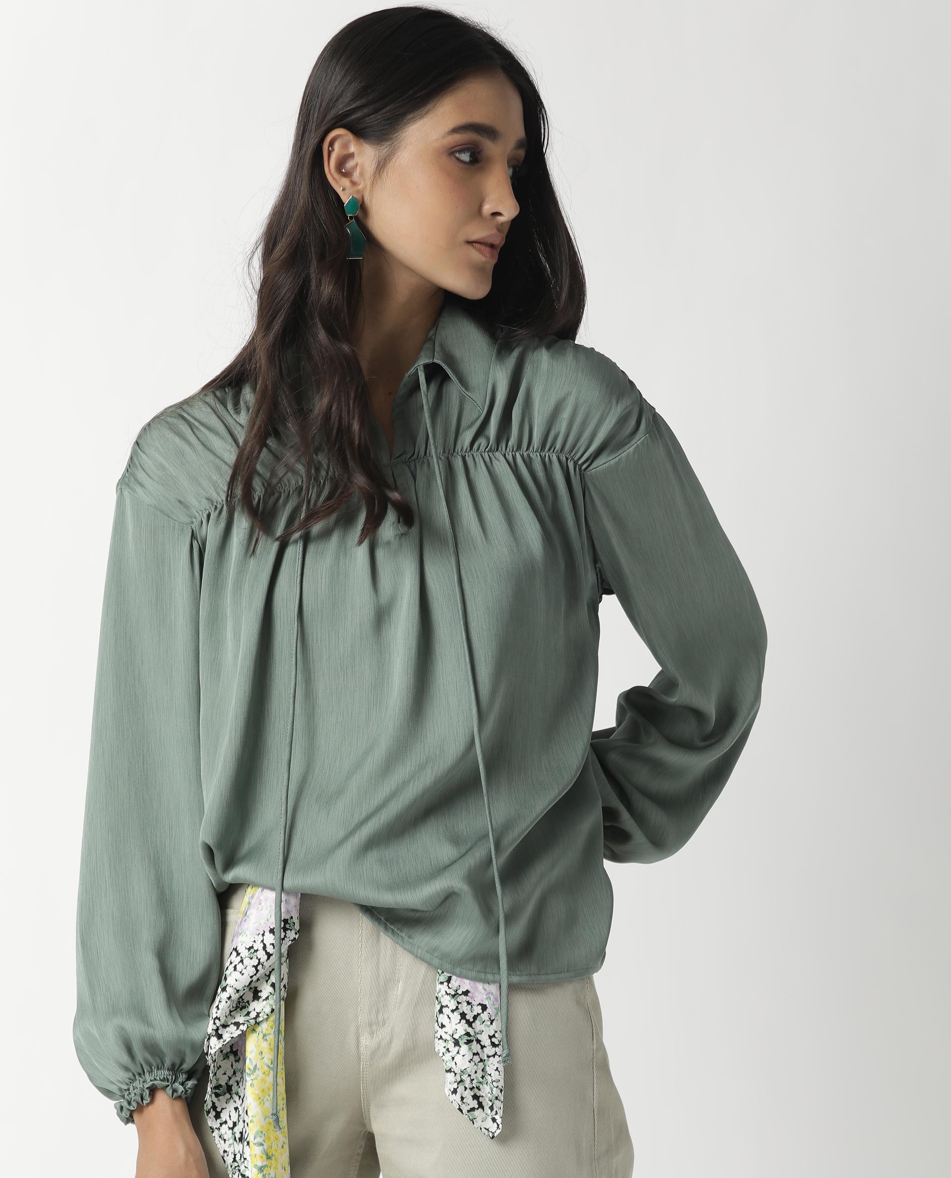 Rareism Womens Paxo Green Top Polycotton Fabric Regular Fit Full Sleeve Collared Neck