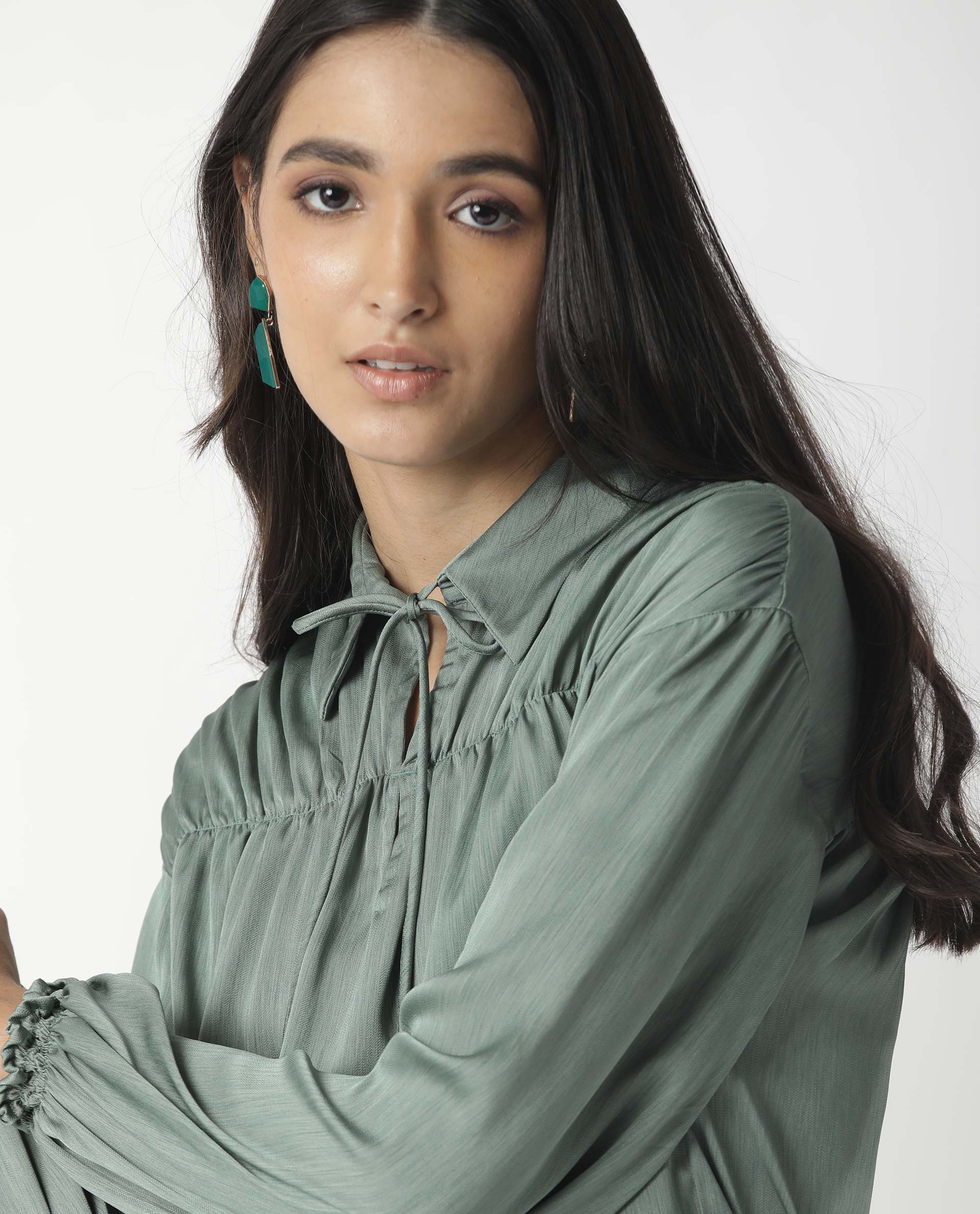 Rareism Womens Paxo Green Top Polycotton Fabric Regular Fit Full Sleeve Collared Neck