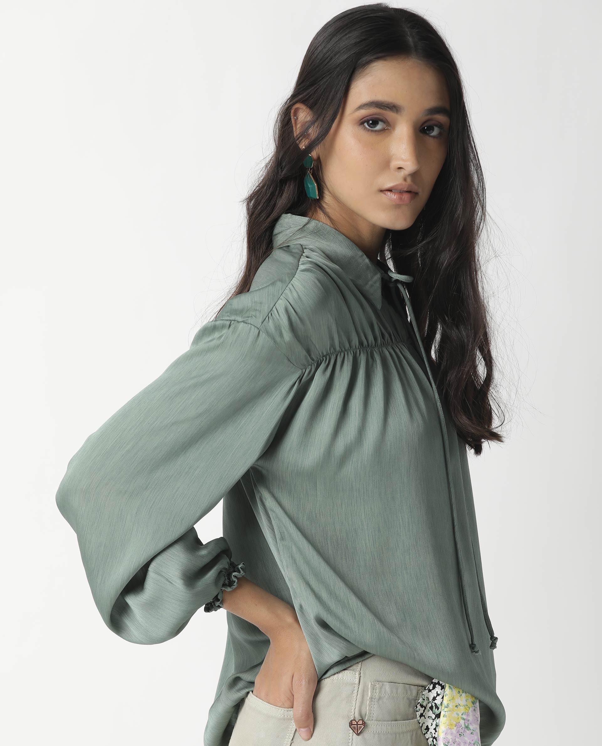 Rareism Womens Paxo Green Top Polycotton Fabric Regular Fit Full Sleeve Collared Neck
