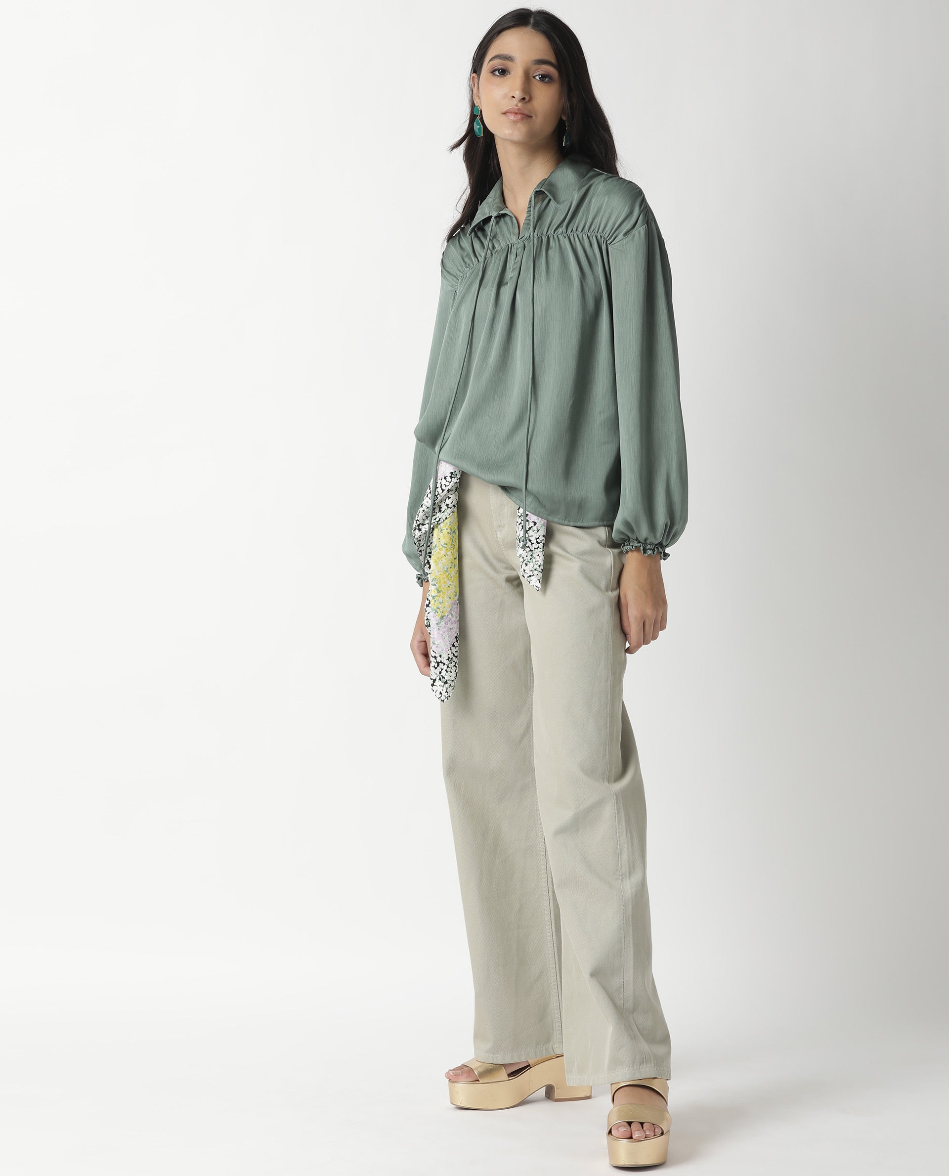 Rareism Womens Paxo Green Top Polycotton Fabric Regular Fit Full Sleeve Collared Neck