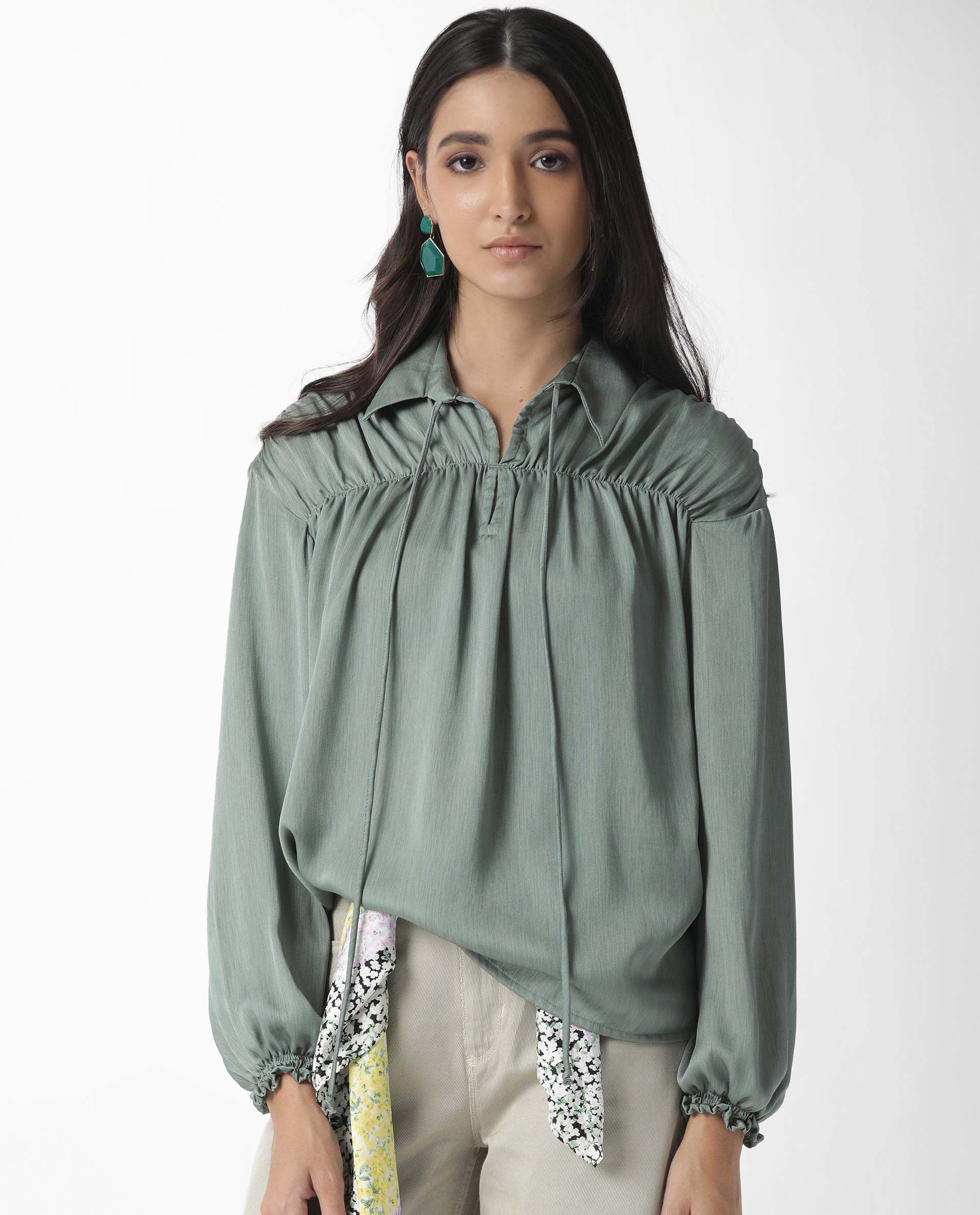 Rareism Womens Paxo Green Top Polycotton Fabric Regular Fit Full Sleeve Collared Neck