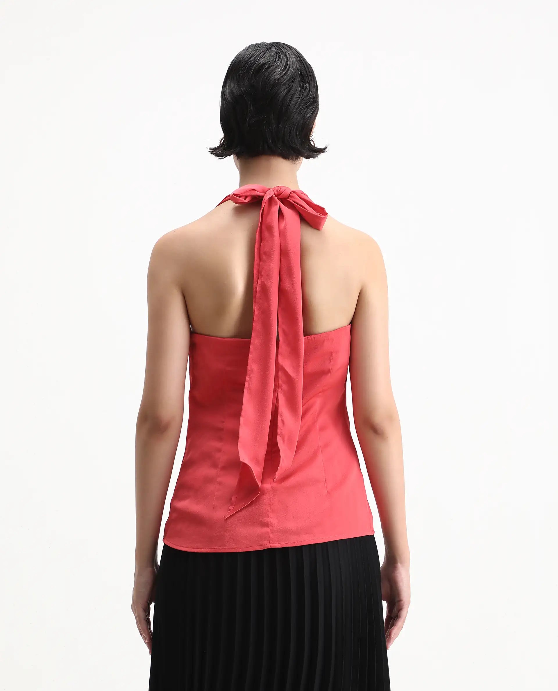 Rareism Women's Paxton Pastel Orange Polyester Blend Halter Neck Plain Sleeveless Regular Fit Top