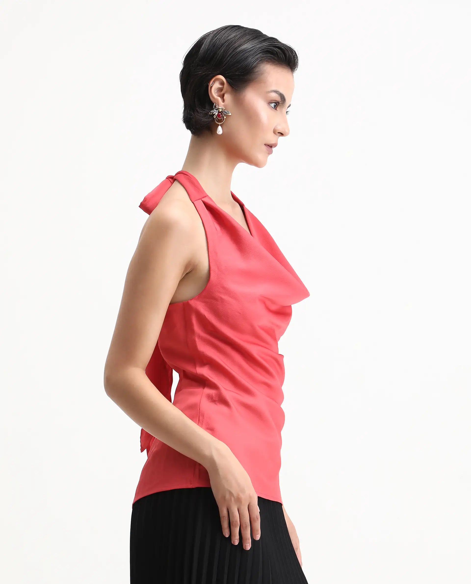 Rareism Women's Paxton Pastel Orange Polyester Blend Halter Neck Plain Sleeveless Regular Fit Top