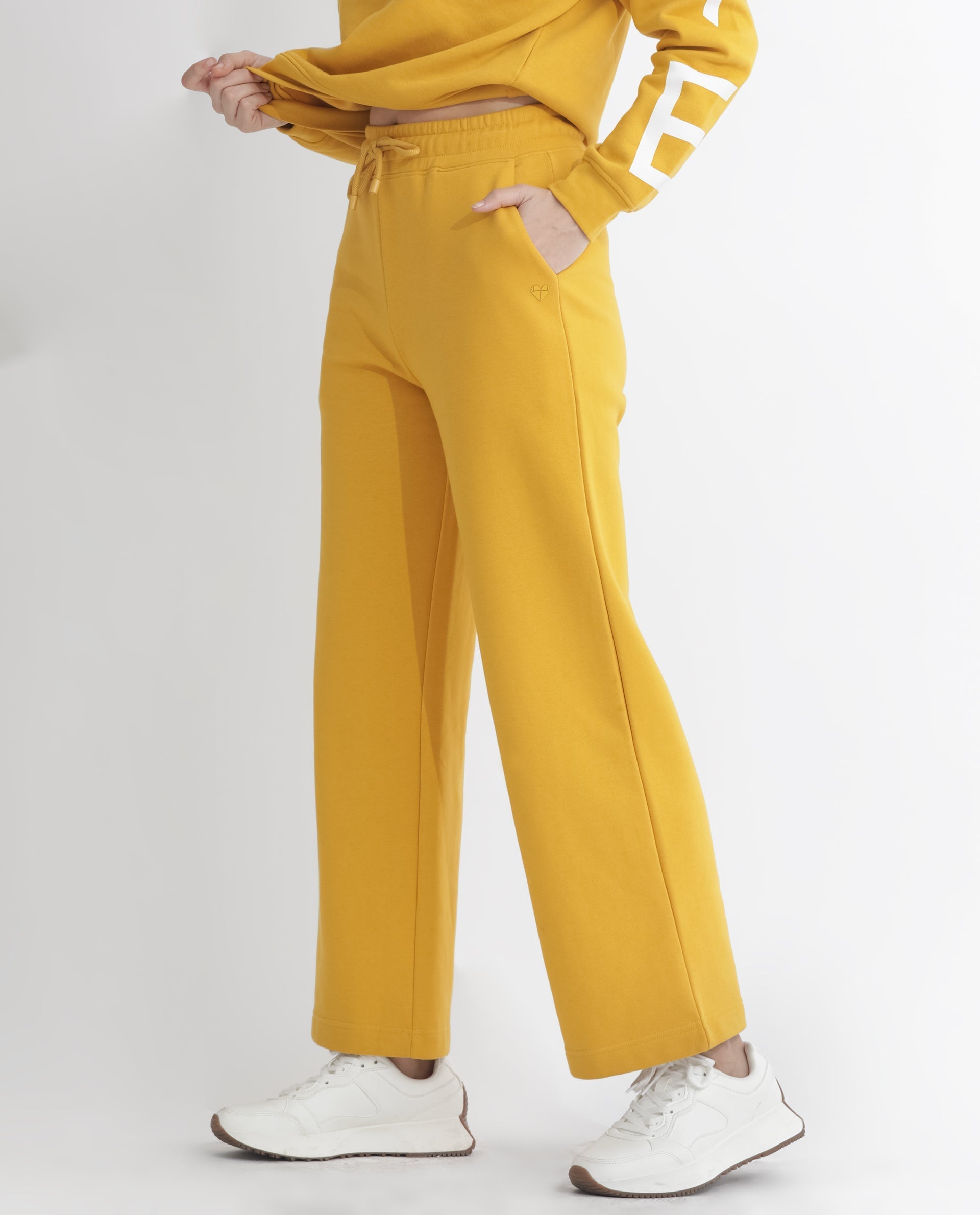 Rareism Women's Pazoo F Mustard Cotton Blend Plain Ankle Length Flared Track Pant