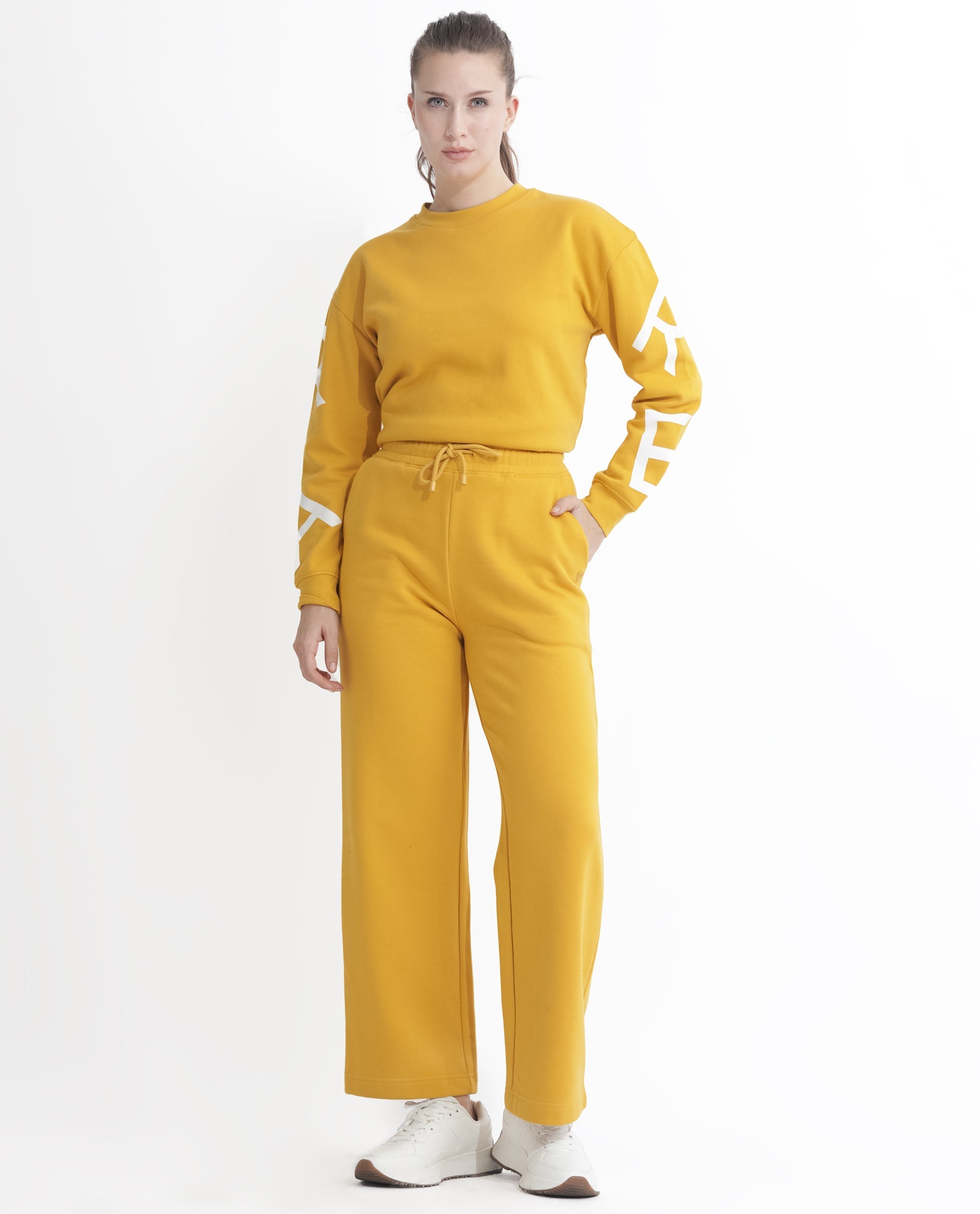 Rareism Women's Pazoo F Mustard Cotton Blend Plain Ankle Length Flared Track Pant