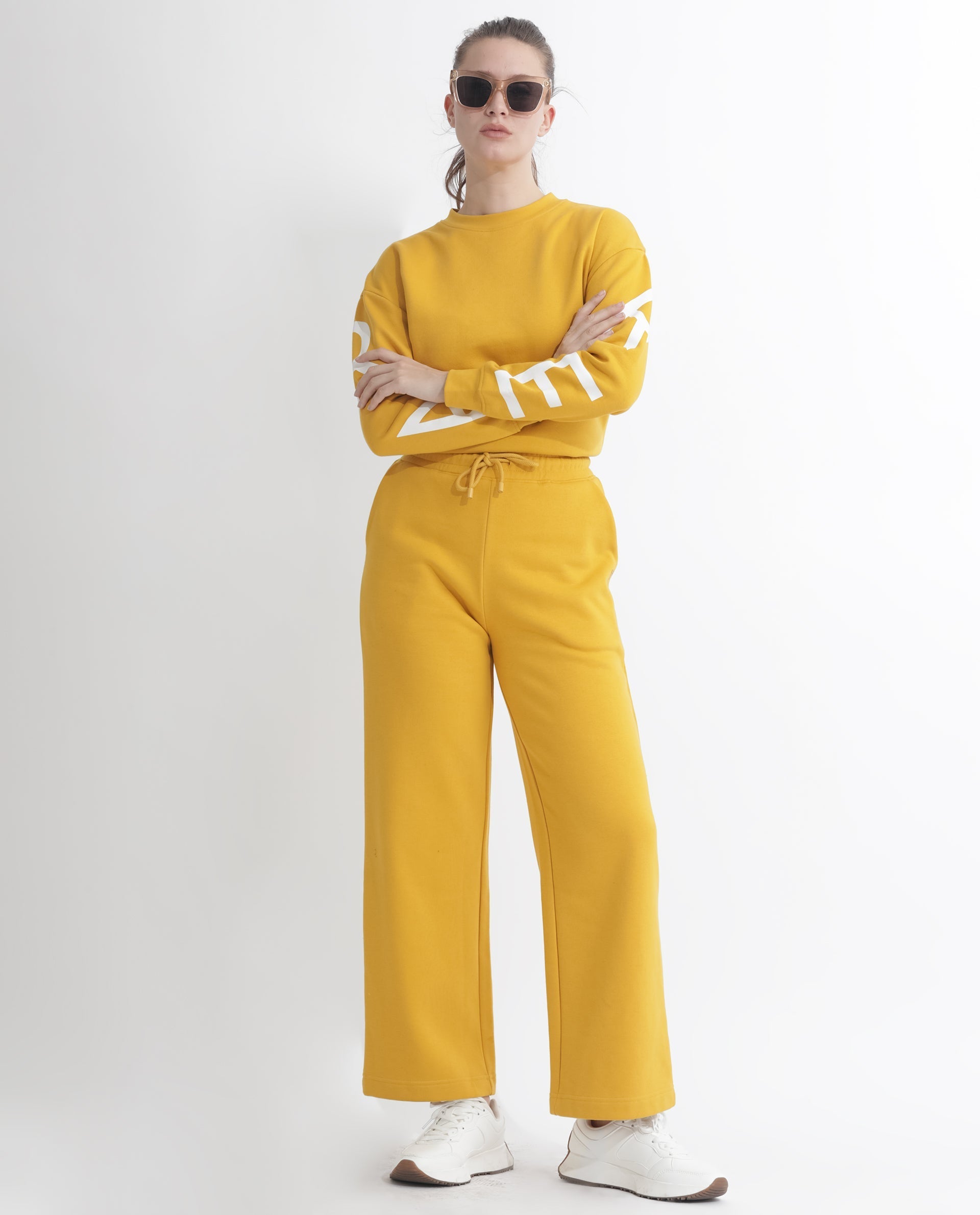 Rareism Women's Pazoo F Mustard Cotton Blend Plain Ankle Length Flared Track Pant