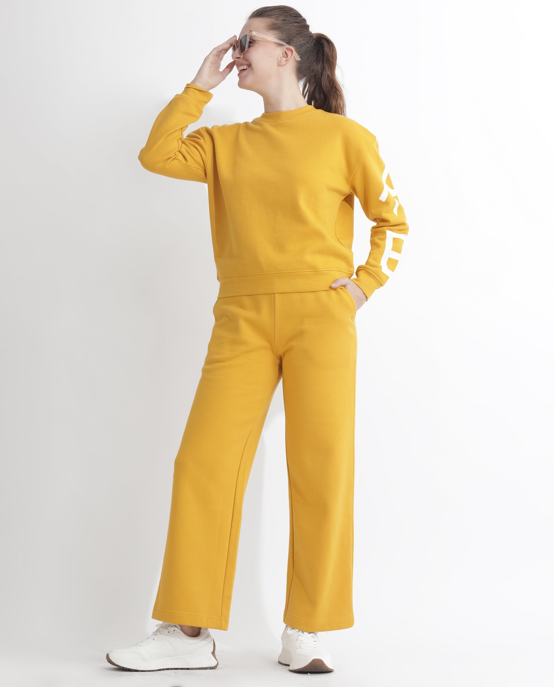 Rareism Women's Pazoo F Mustard Cotton Blend Plain Ankle Length Flared Track Pant