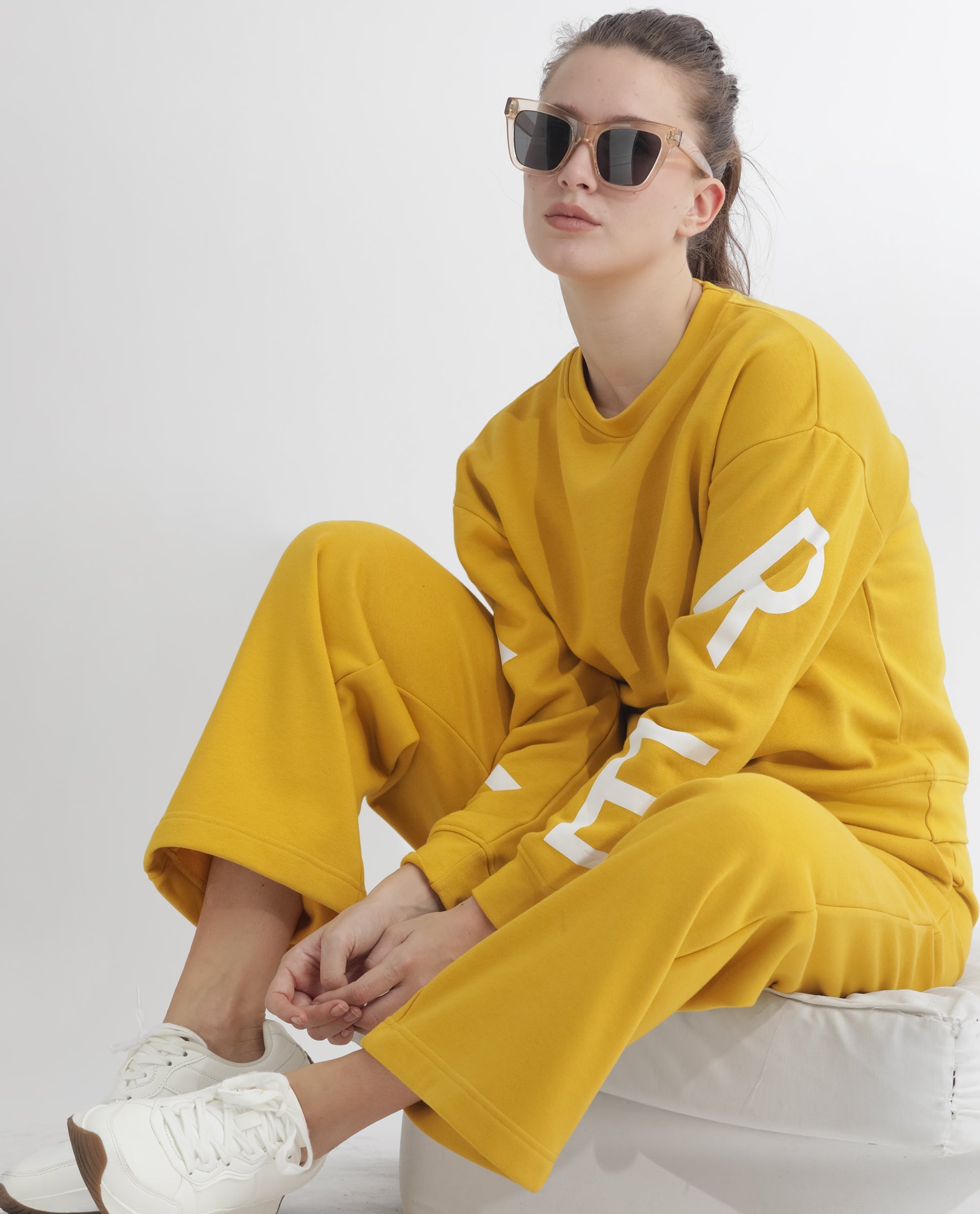 Rareism Women's Pazoo F Mustard Cotton Blend Plain Ankle Length Flared Track Pant