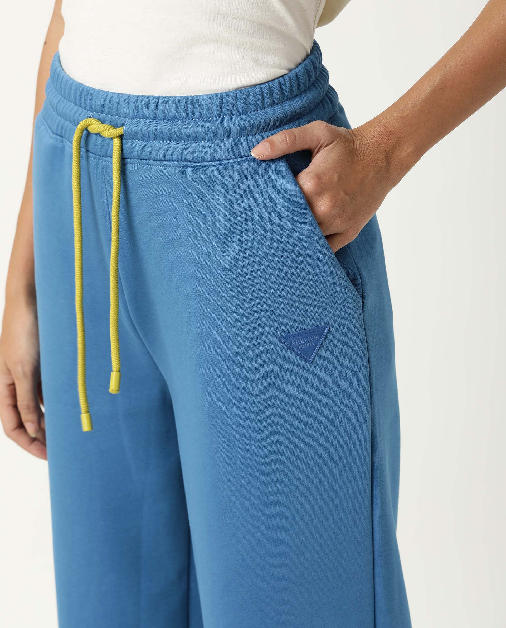 Rareism Women Pazo-1 Blue Poly Cotton Fabric Relaxed Fit Solid Mid Rise Ankle Length Track Pant