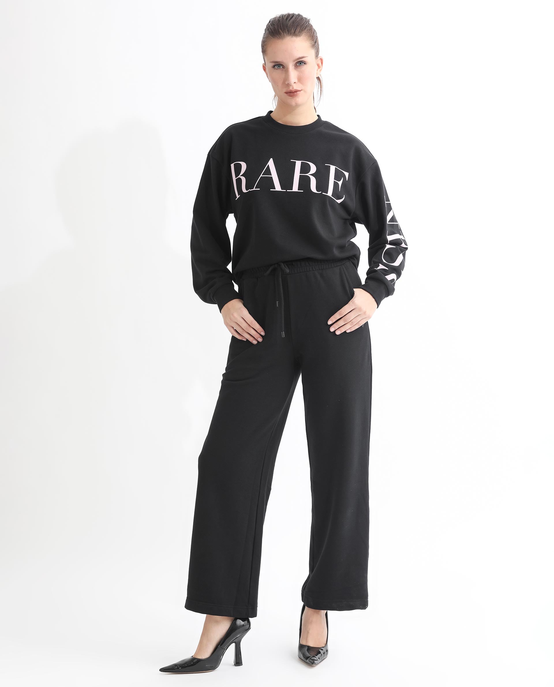 Rareism Women's Pazoo T Black Cotton Blend Plain Ankle Length Flared Track Pant