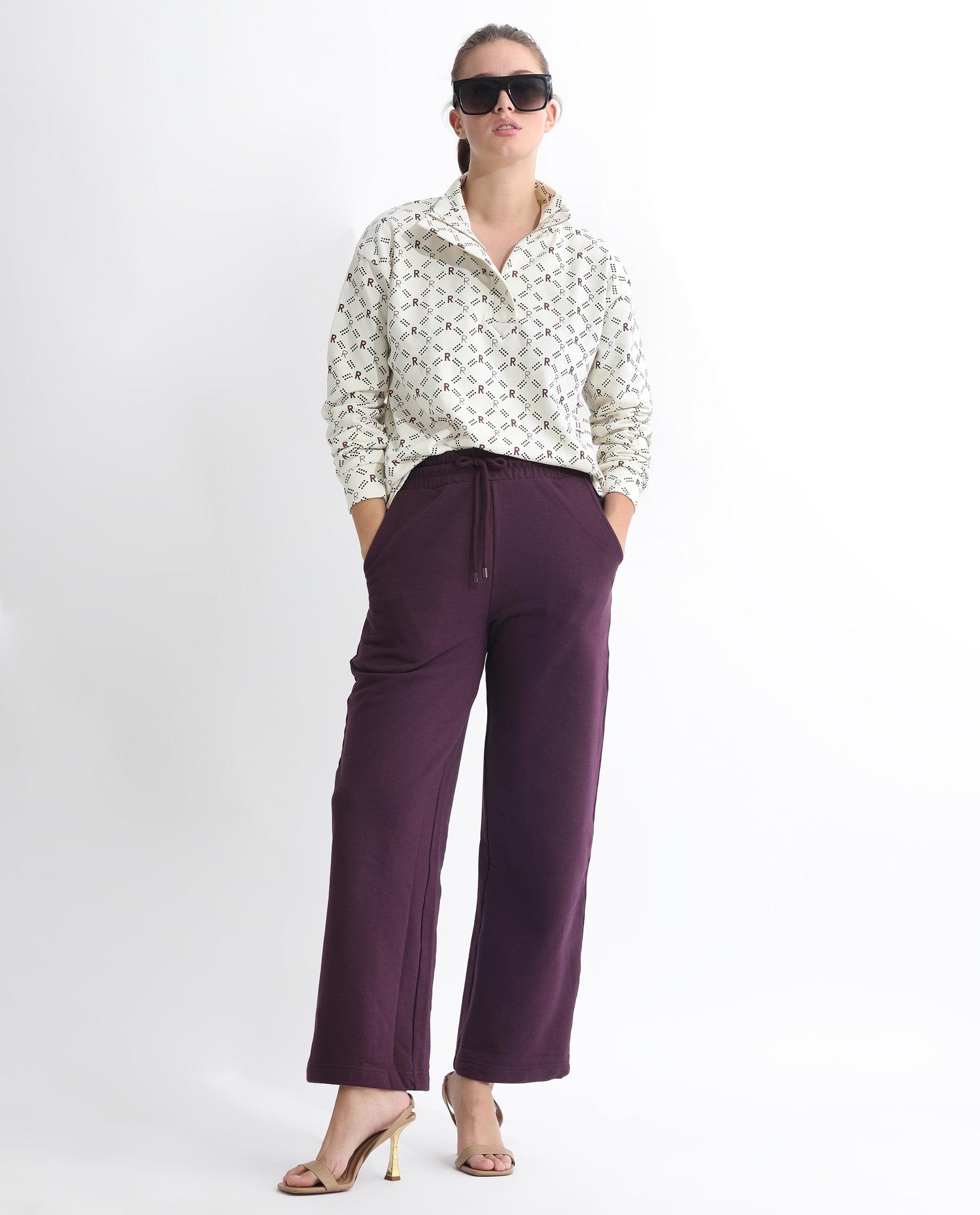 Rareism Women's Pazoo T Dark Maroon Cotton Blend Plain Ankle Length Flared Track Pant