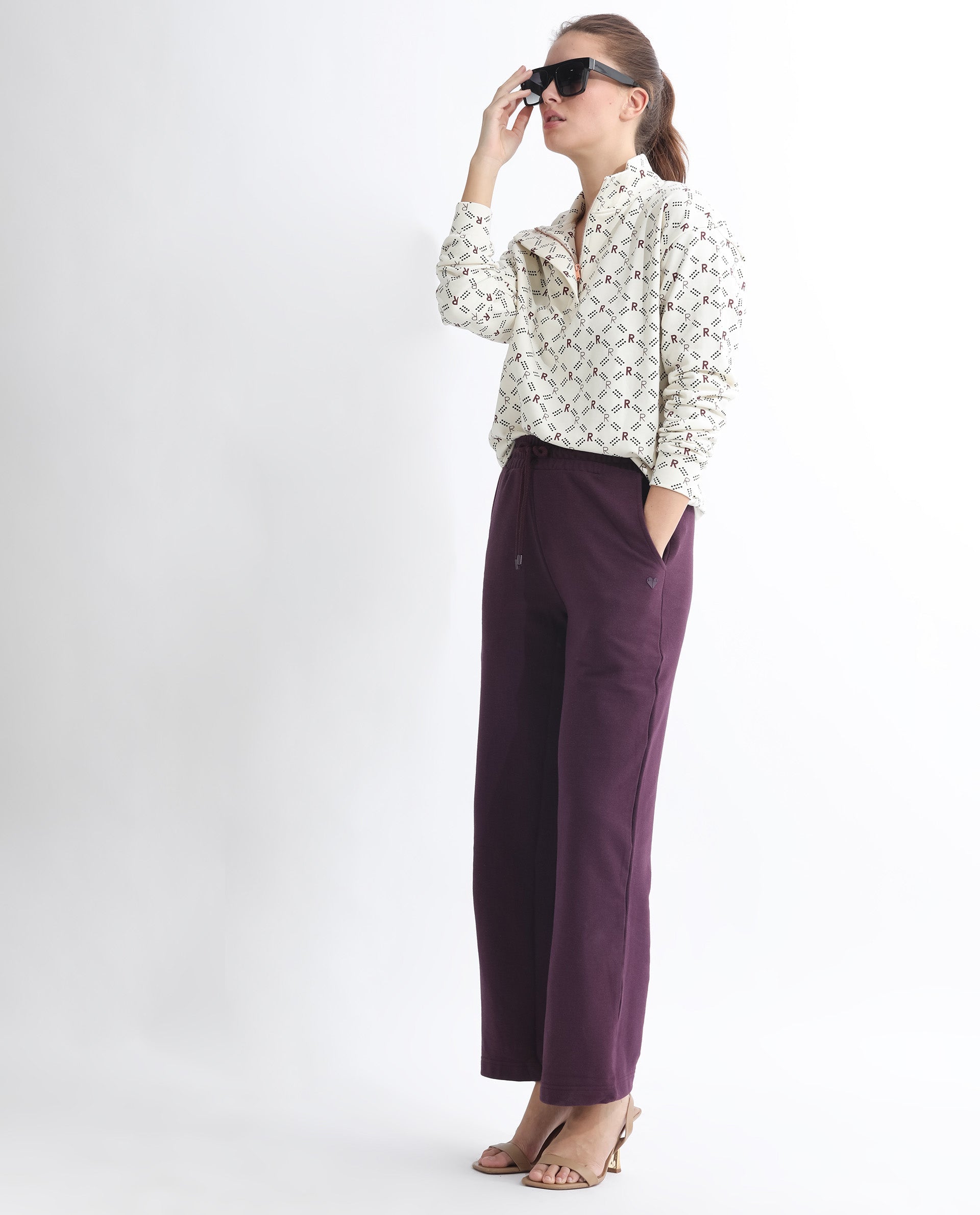 Rareism Women's Pazoo T Dark Maroon Cotton Blend Plain Ankle Length Flared Track Pant