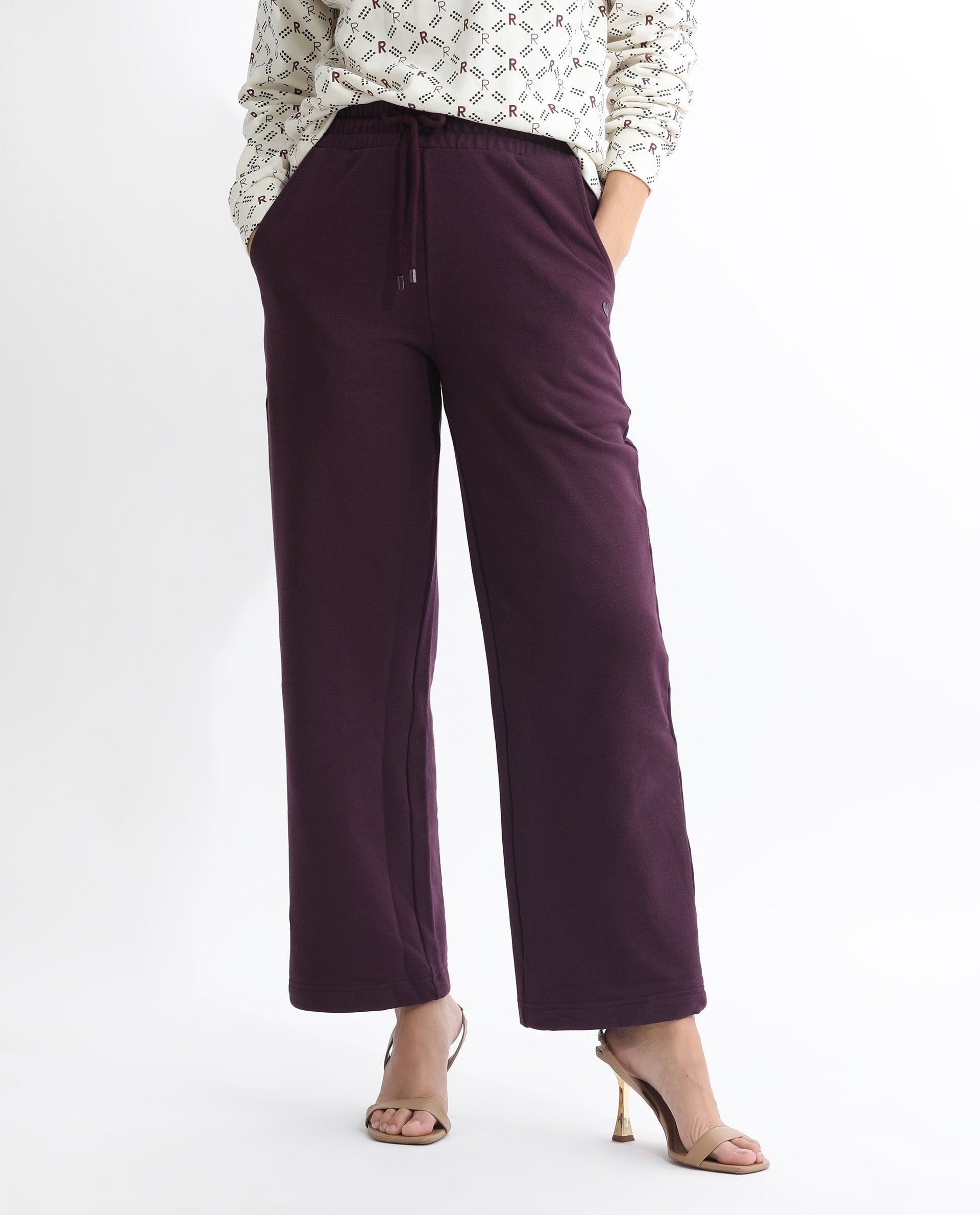 Rareism Women's Pazoo T Dark Maroon Cotton Blend Plain Ankle Length Flared Track Pant