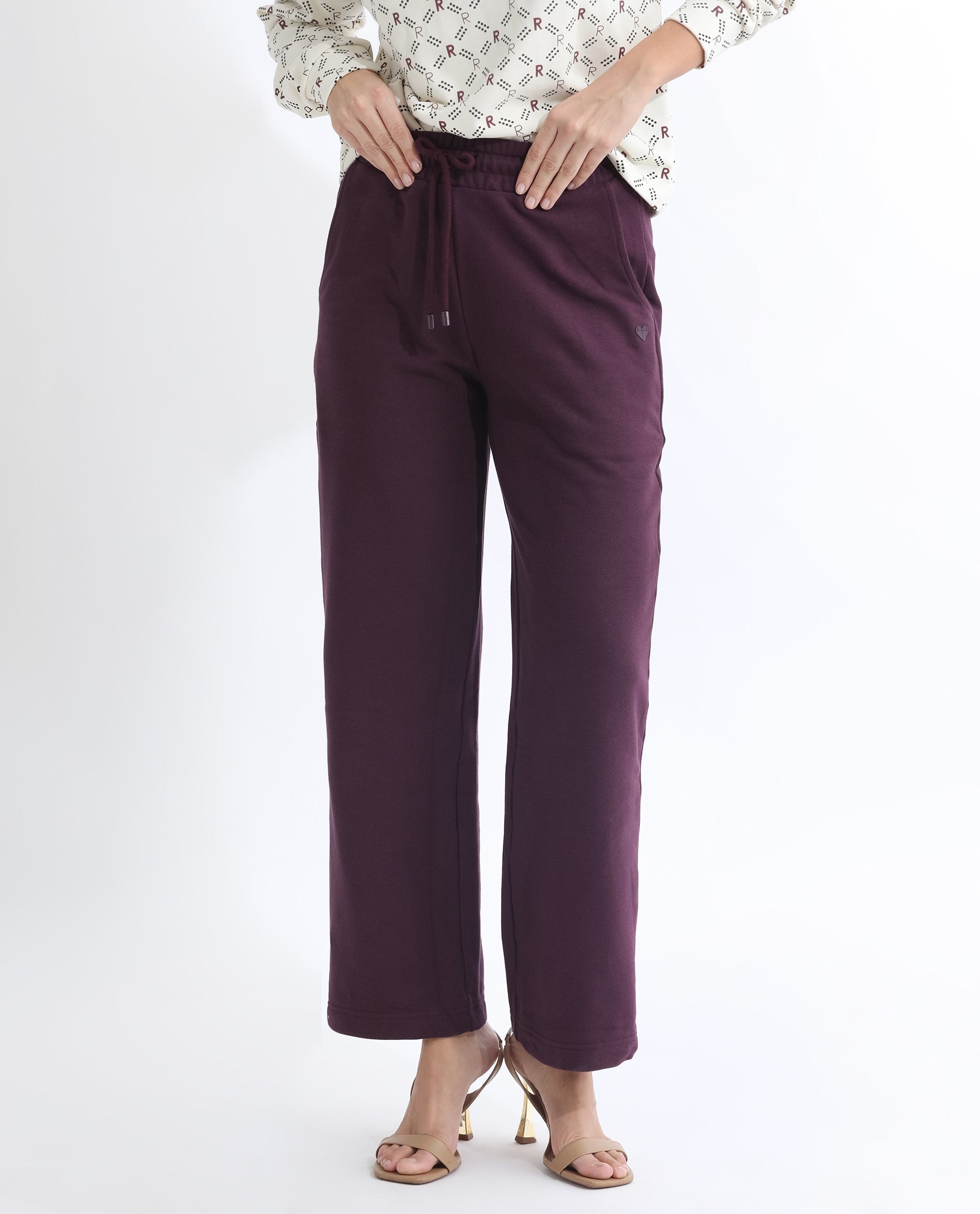 Rareism Women's Pazoo T Dark Maroon Cotton Blend Plain Ankle Length Flared Track Pant