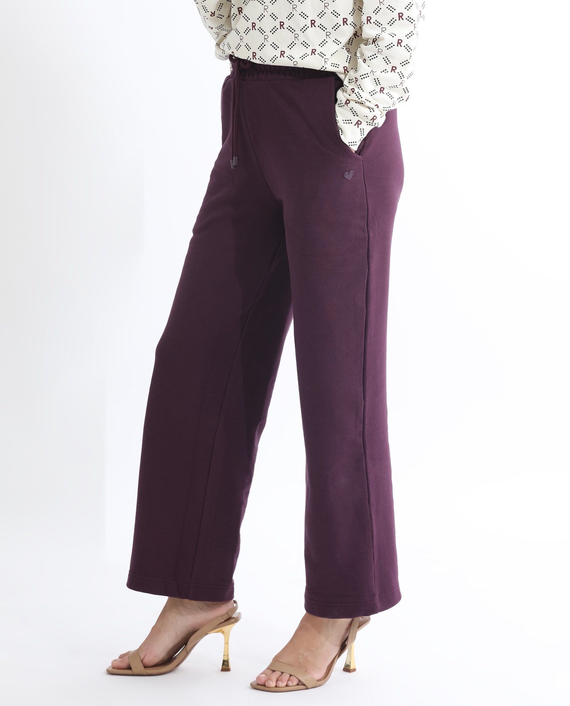 Rareism Women Pazoo T Dark Maroon Cotton Blend Fabric Flared Solid Mid Rise Ankle Length Track Pant