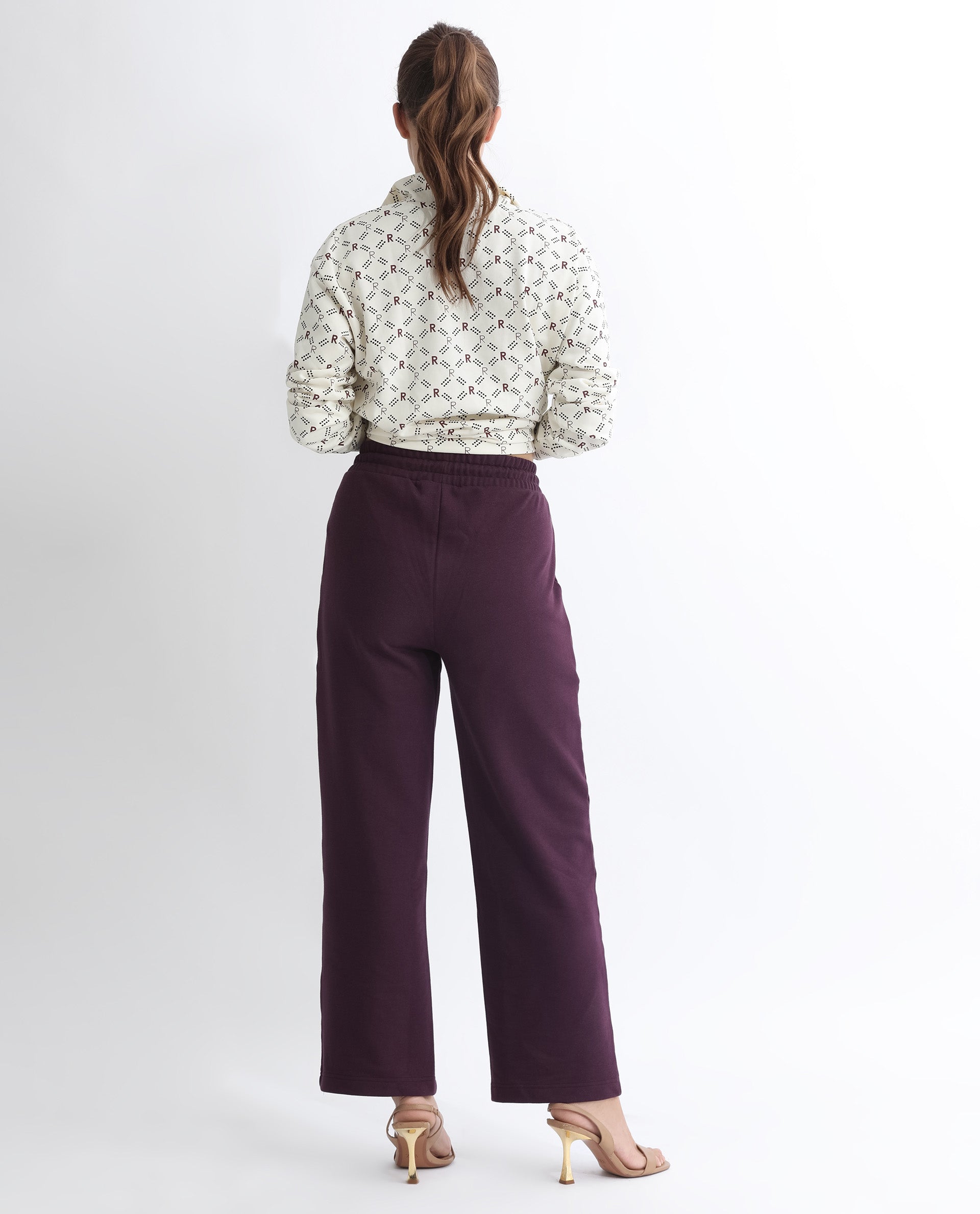 Rareism Women's Pazoo T Dark Maroon Cotton Blend Plain Ankle Length Flared Track Pant