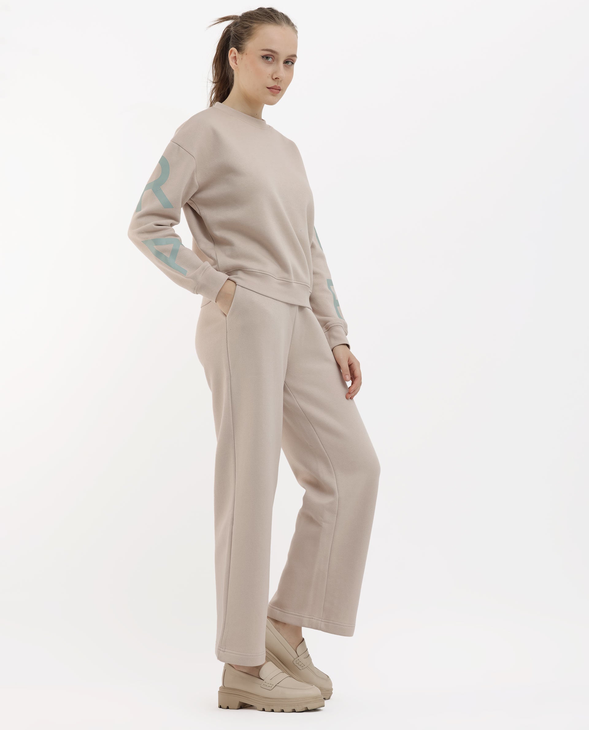 Rareism Women's Pazoo F Beige Cotton Blend Plain Ankle Length Flared Track Pant