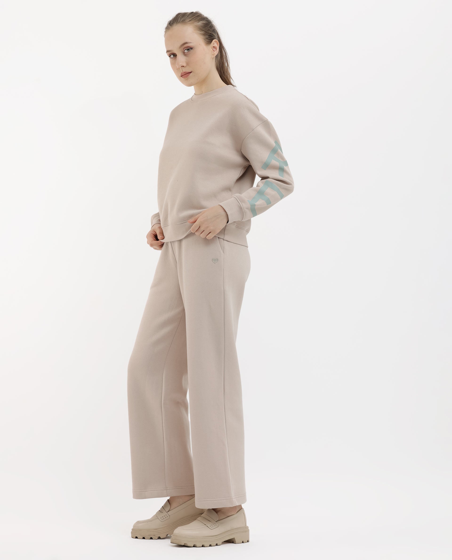 Rareism Women's Pazoo F Beige Cotton Blend Plain Ankle Length Flared Track Pant