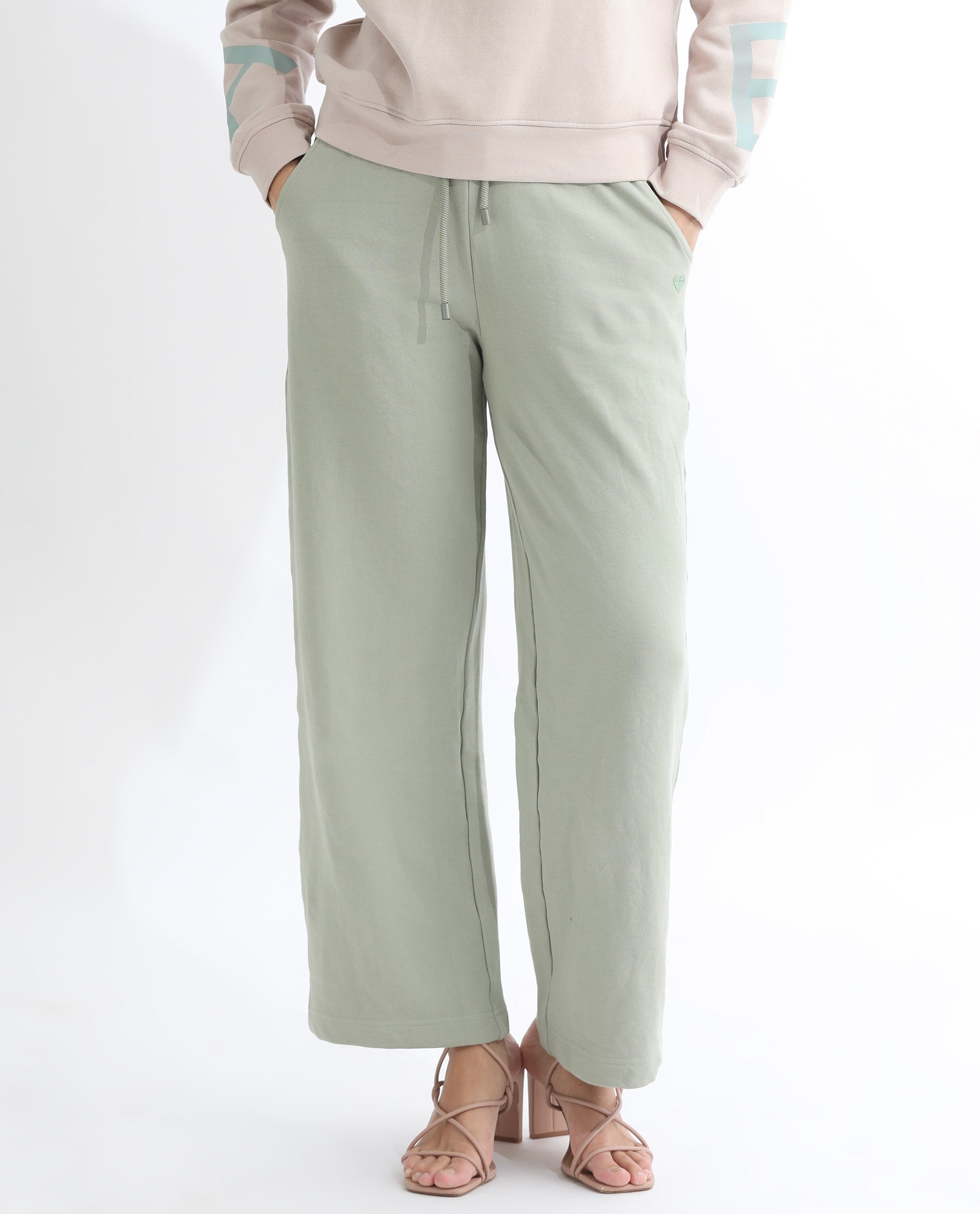 Rareism Women's Pazoo T Dusky Green Cotton Blend Plain Ankle Length Flared Track Pant