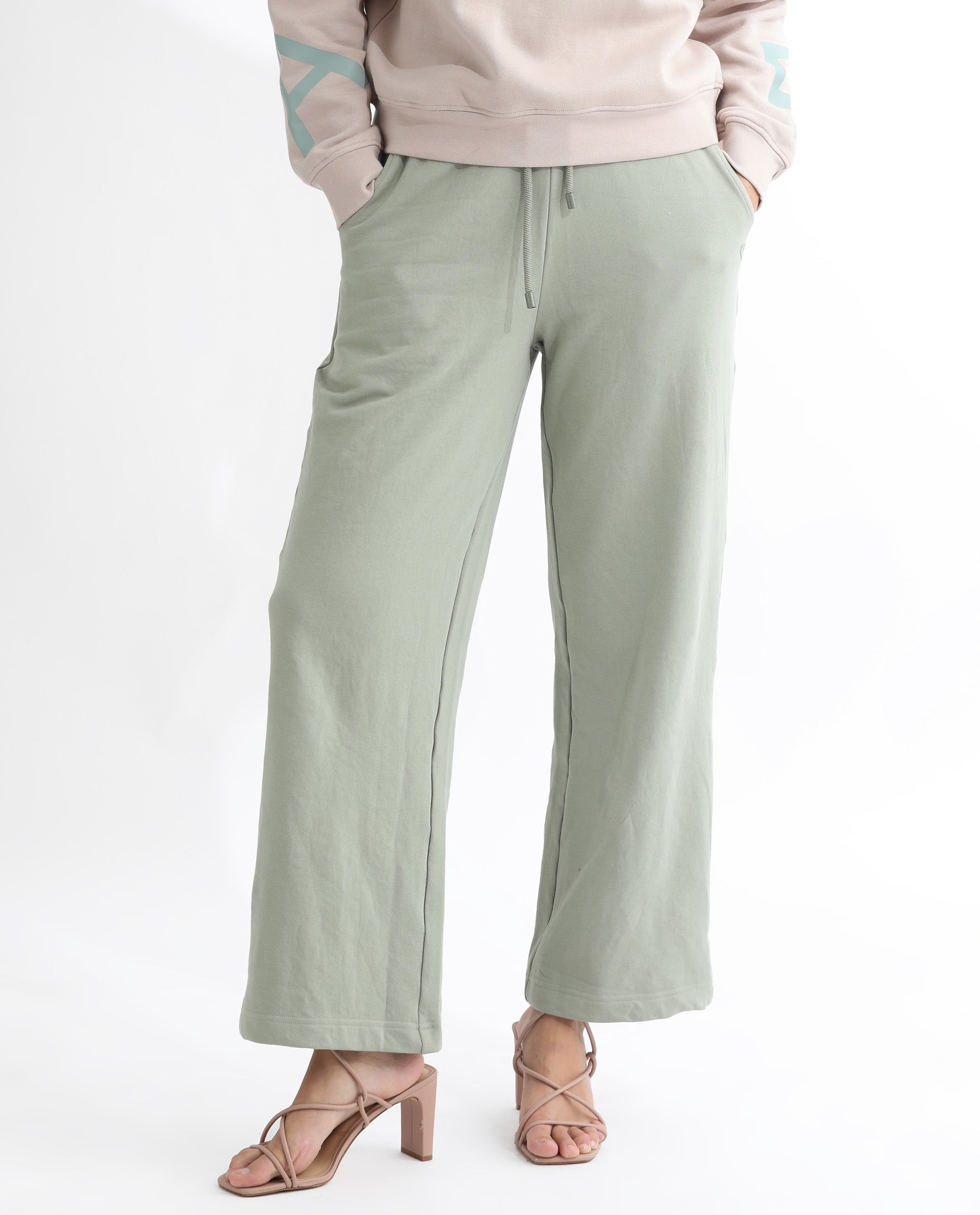 Rareism Women's Pazoo T Dusky Green Cotton Blend Plain Ankle Length Flared Track Pant