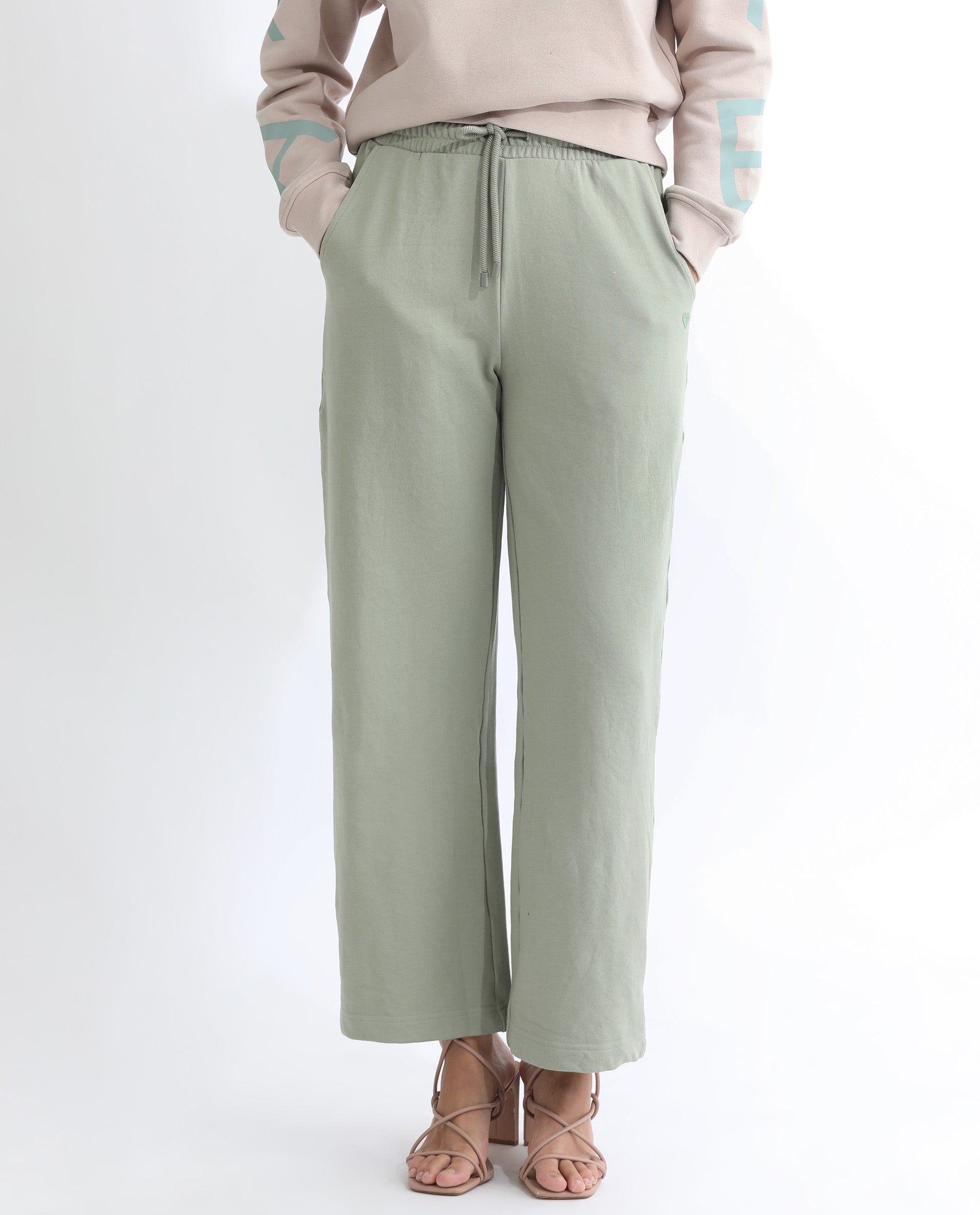 Rareism Women's Pazoo T Dusky Green Cotton Blend Plain Ankle Length Flared Track Pant