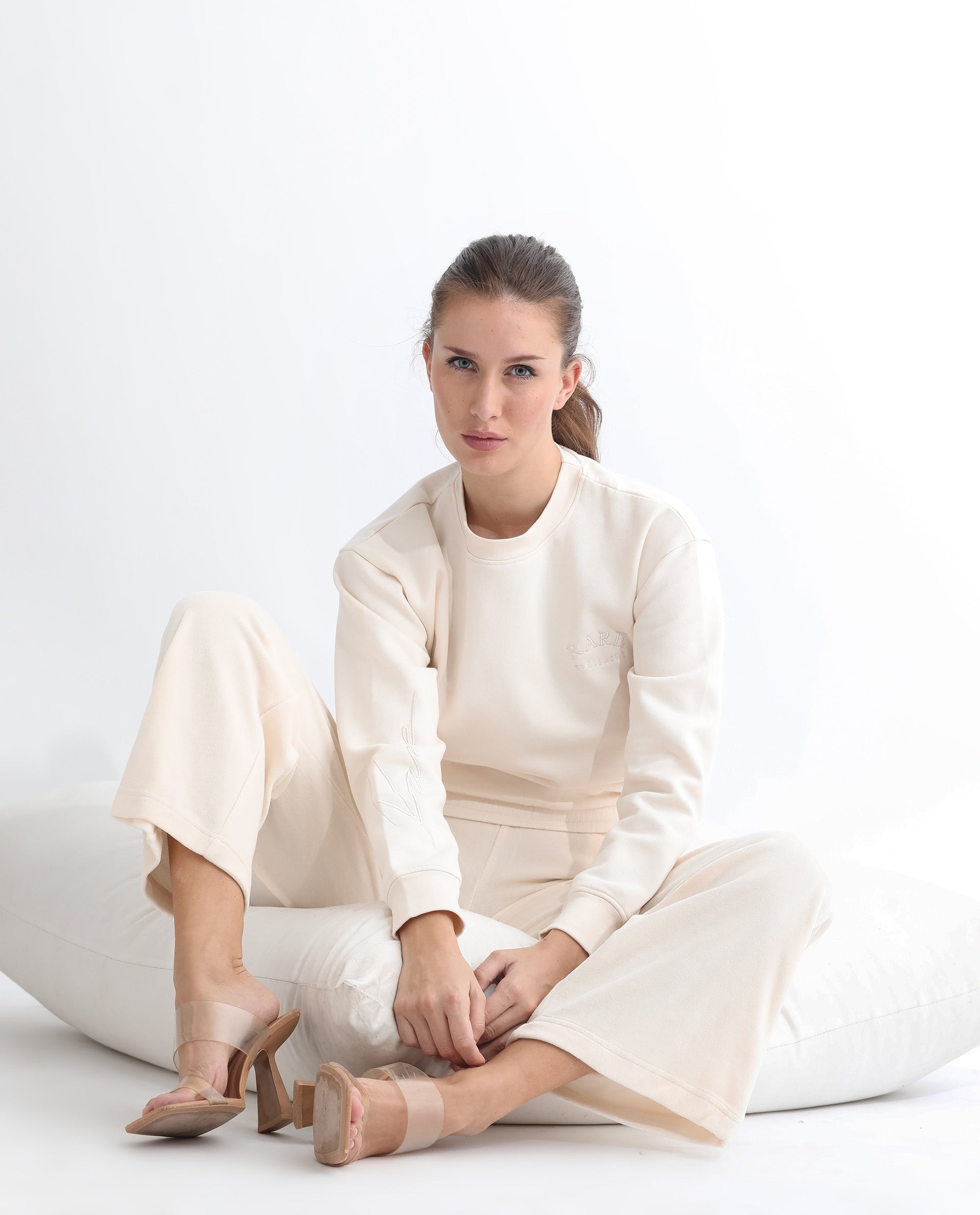 Rareism Women's Pazoo Tt Beige Cotton Blend Plain Ankle Length Flared Track Pant