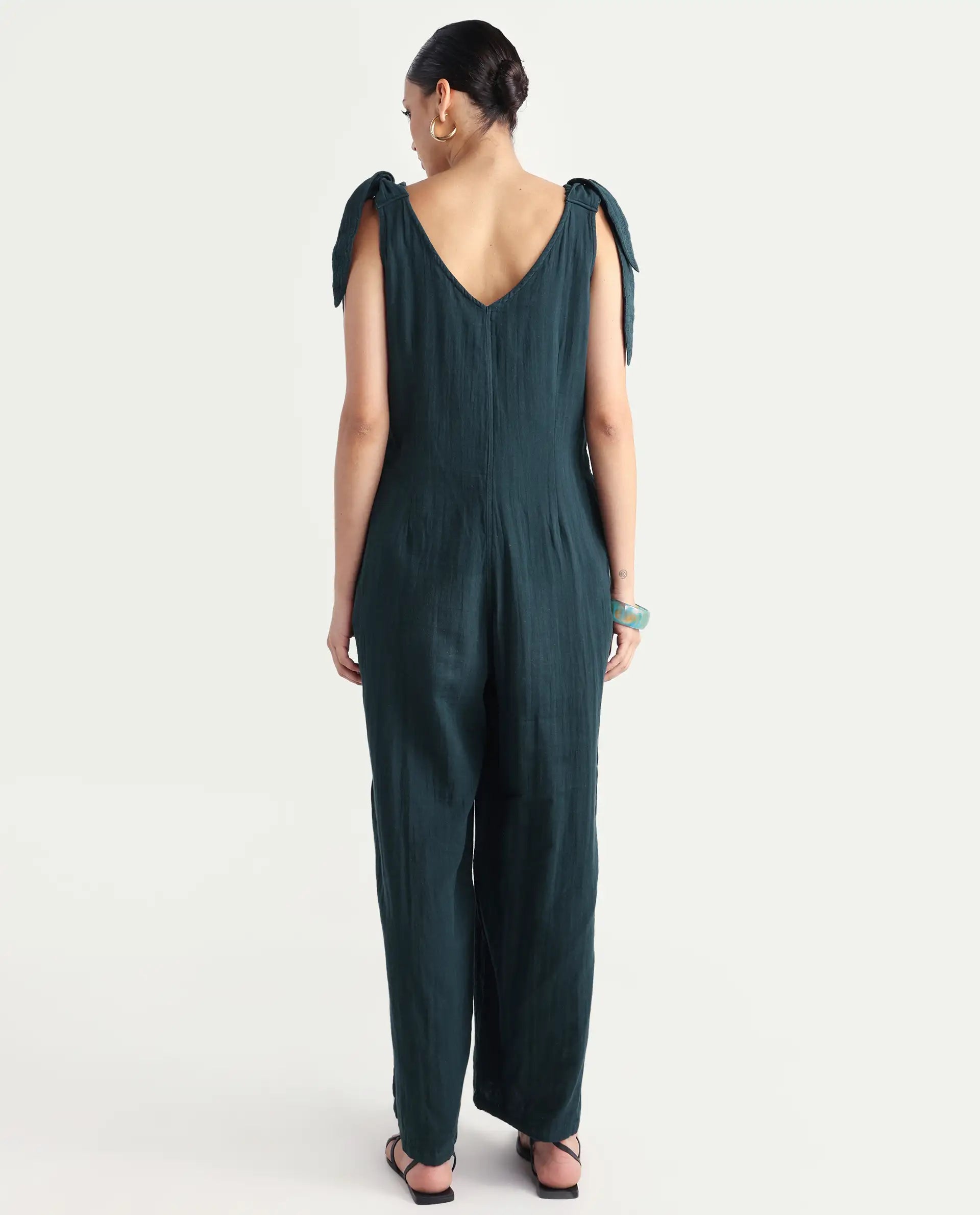 Rareism Women's Peanut Green Cotton V-Neck Plain Sleeveless Knee Length Tailored Jumpsuit