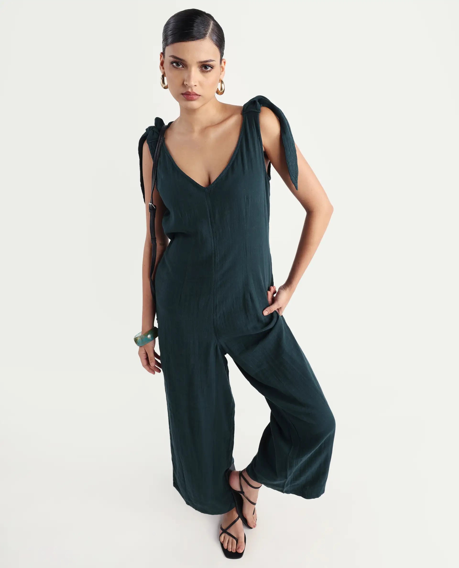 Rareism Women's Peanut Green Cotton V-Neck Plain Sleeveless Knee Length Tailored Jumpsuit