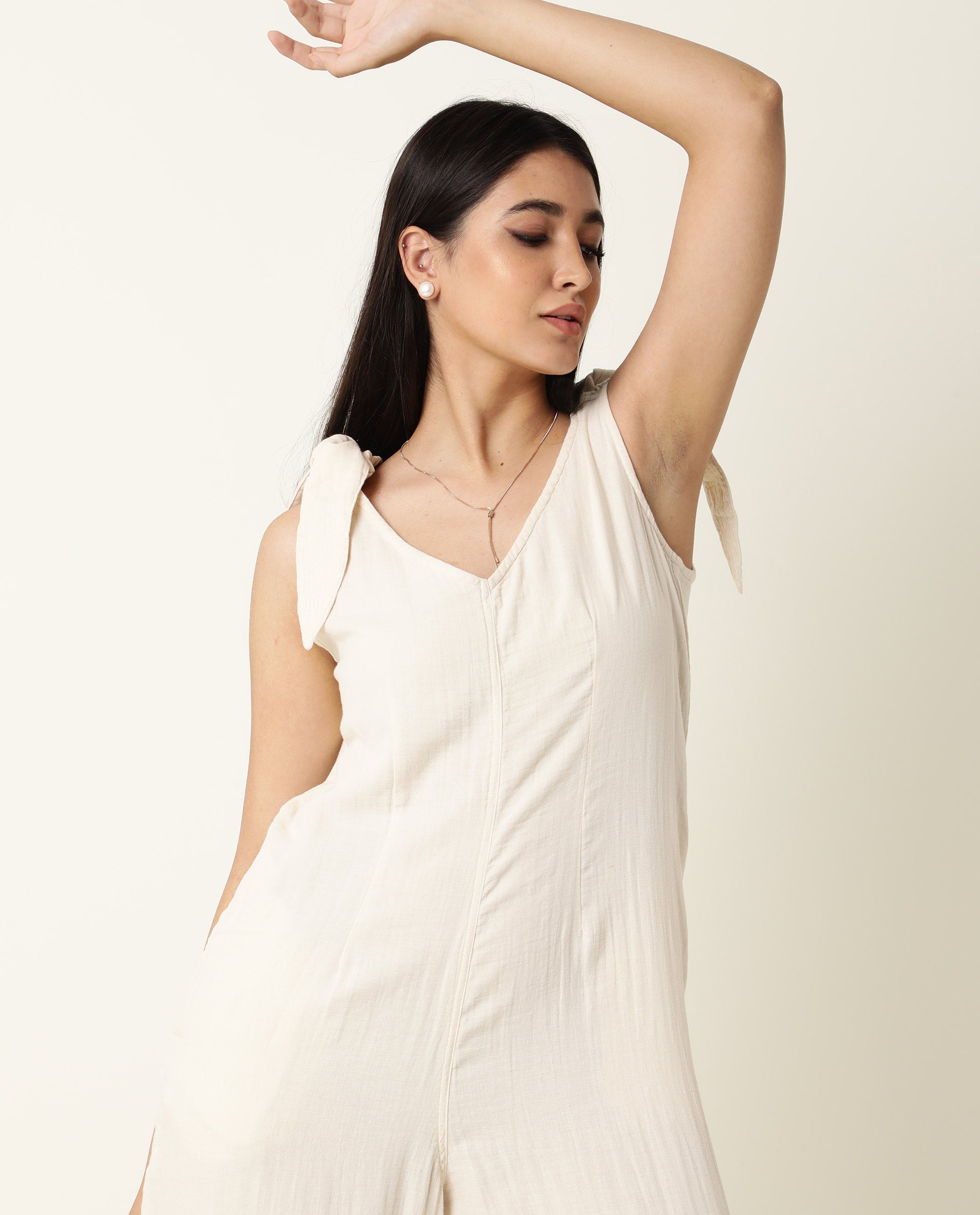 Rareism Women's Peanut Beige Cotton V-Neck Plain Sleeveless Knee Length Tailored Jumpsuit
