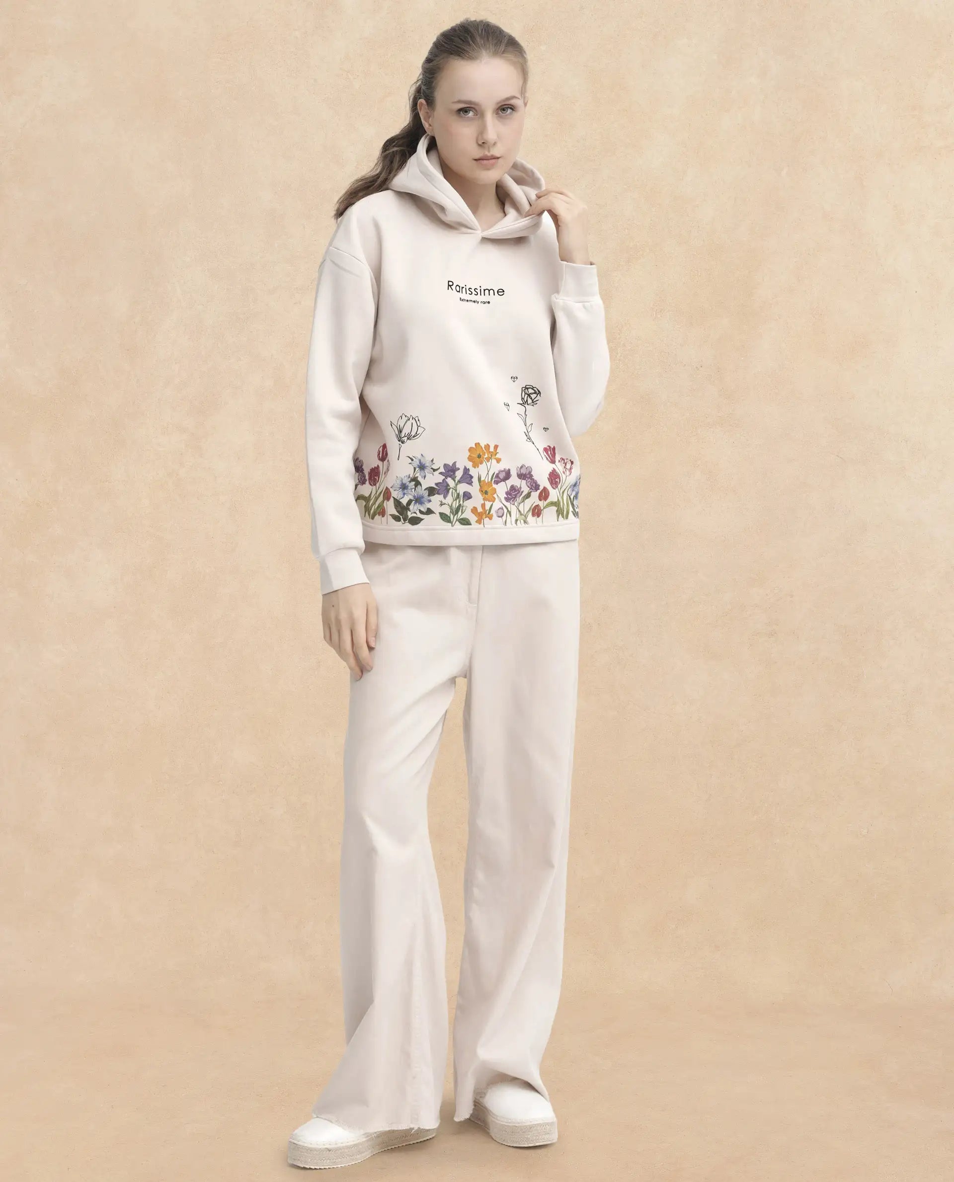 Rareism Women's Pearson Beige Polyester Blend Hooded Floral Print Cuffed Sleeve Regular Fit Sweatshirt