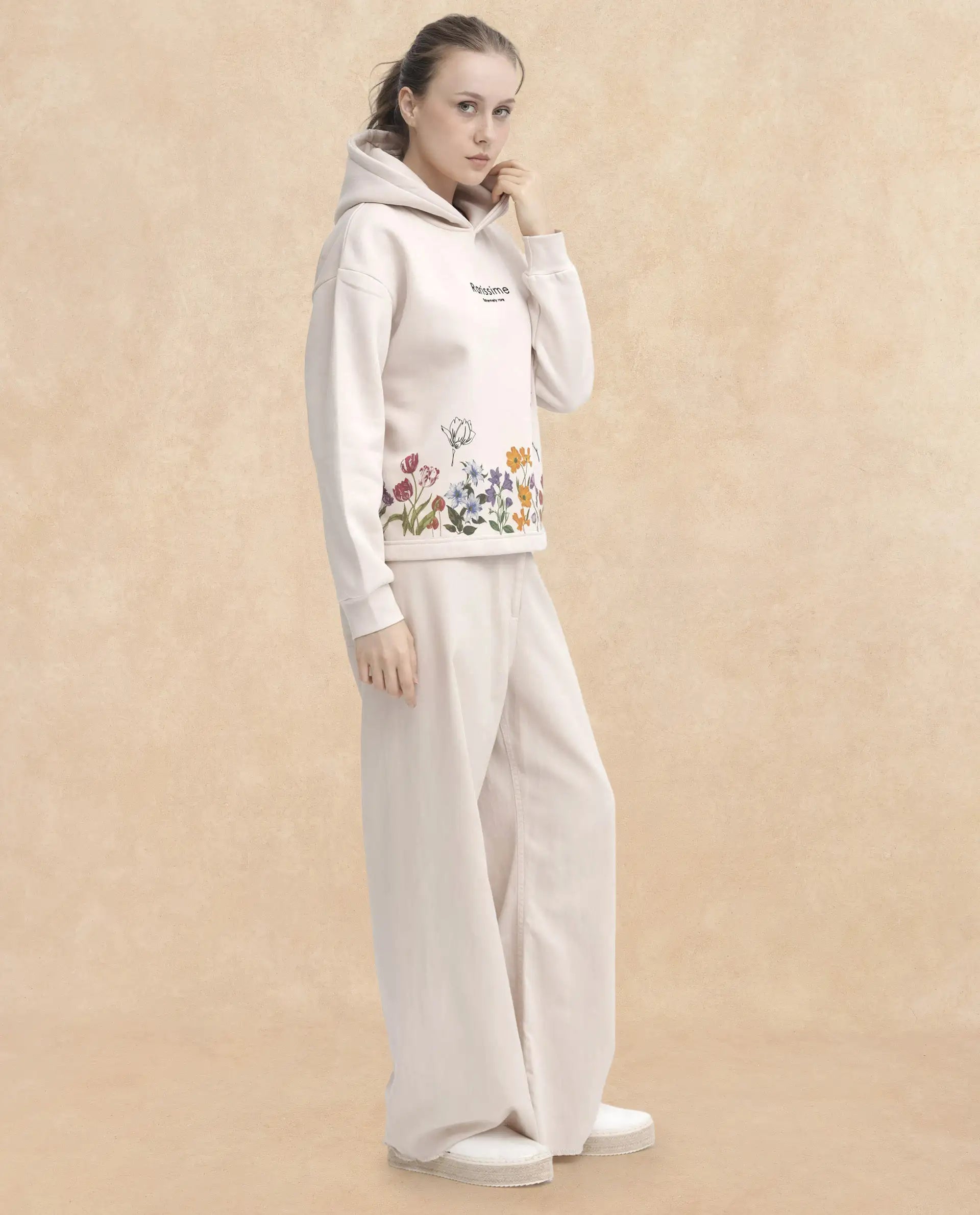 Rareism Women's Pearson Beige Polyester Blend Hooded Floral Print Cuffed Sleeve Regular Fit Sweatshirt
