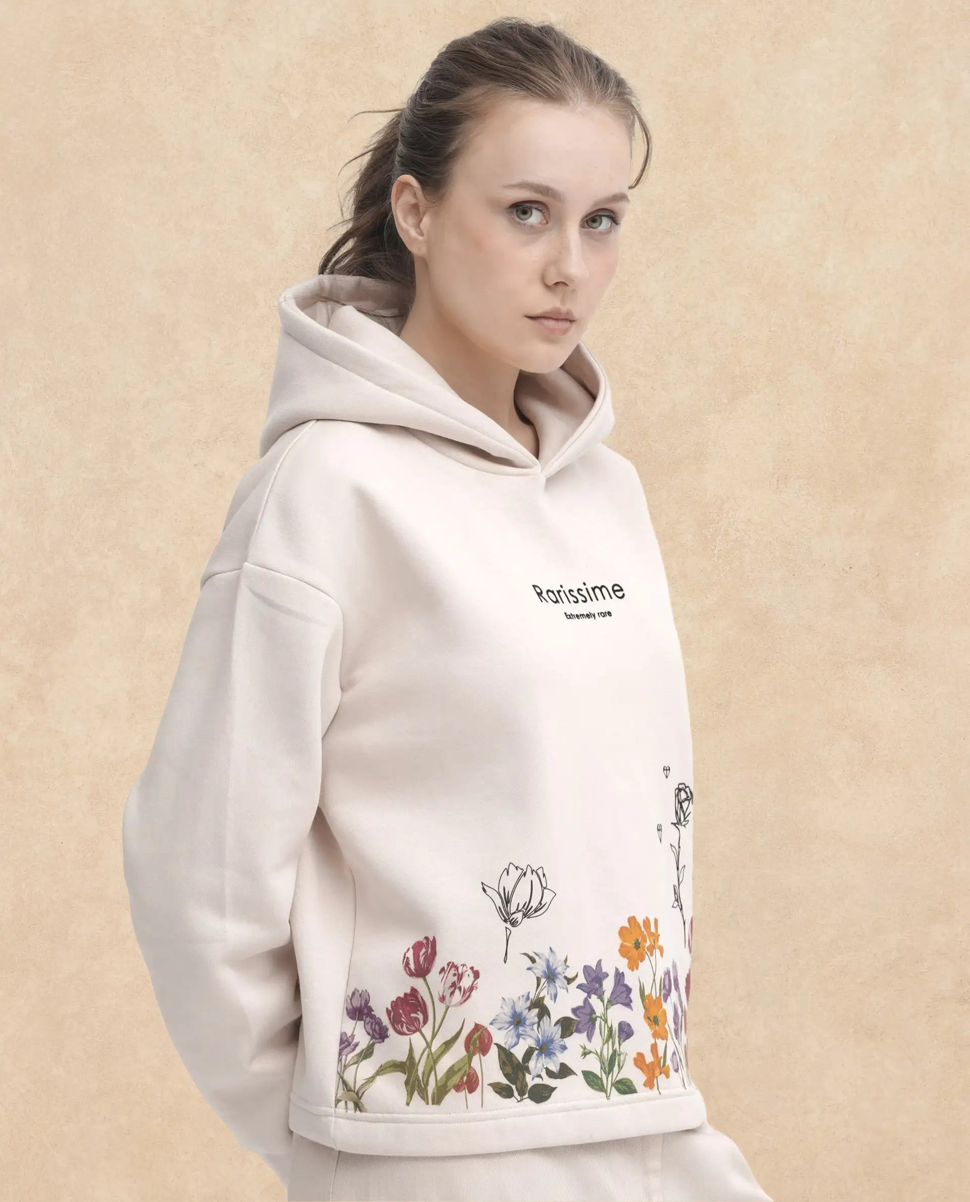 Rareism Women's Pearson Beige Polyester Blend Hooded Floral Print Cuffed Sleeve Regular Fit Sweatshirt