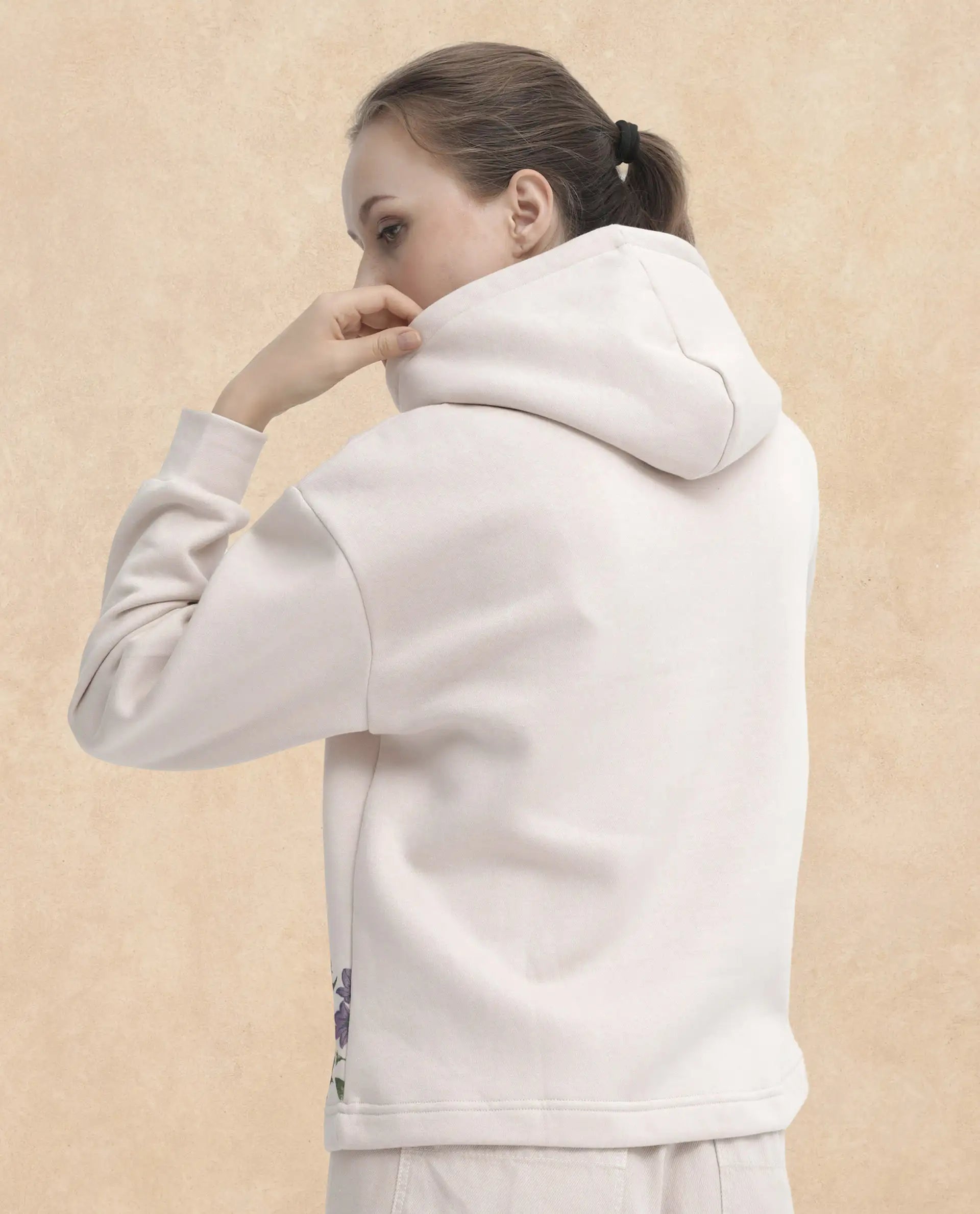 Rareism Women's Pearson Beige Polyester Blend Hooded Floral Print Cuffed Sleeve Regular Fit Sweatshirt