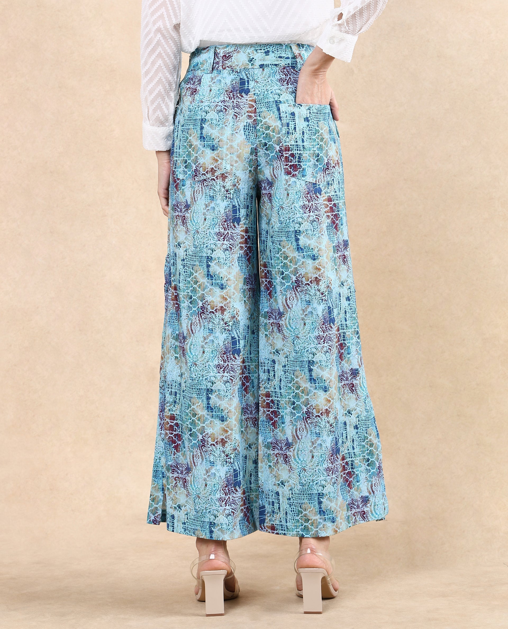 Rareism Women's Pescara Multi Cotton Abstract Print Ankle Length Wide Trouser