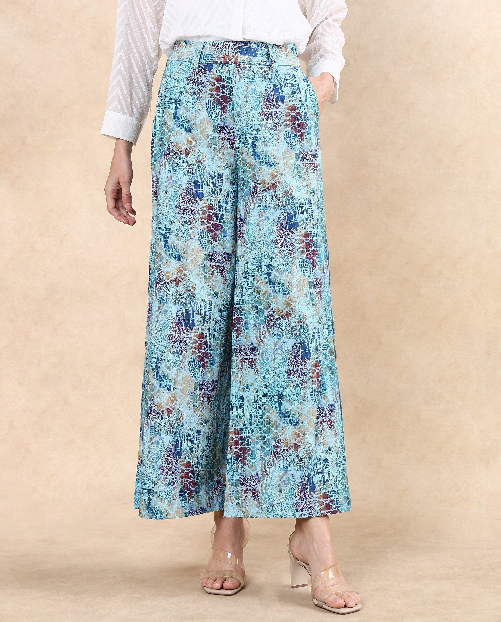 Rareism Women's Pescara Multi Cotton Abstract Print Ankle Length Wide Trouser