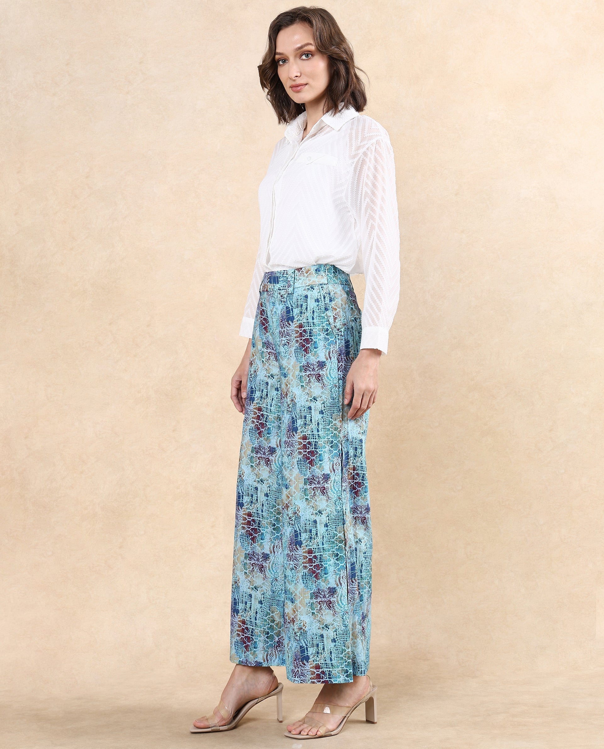 Rareism Women's Pescara Multi Cotton Abstract Print Ankle Length Wide Trouser