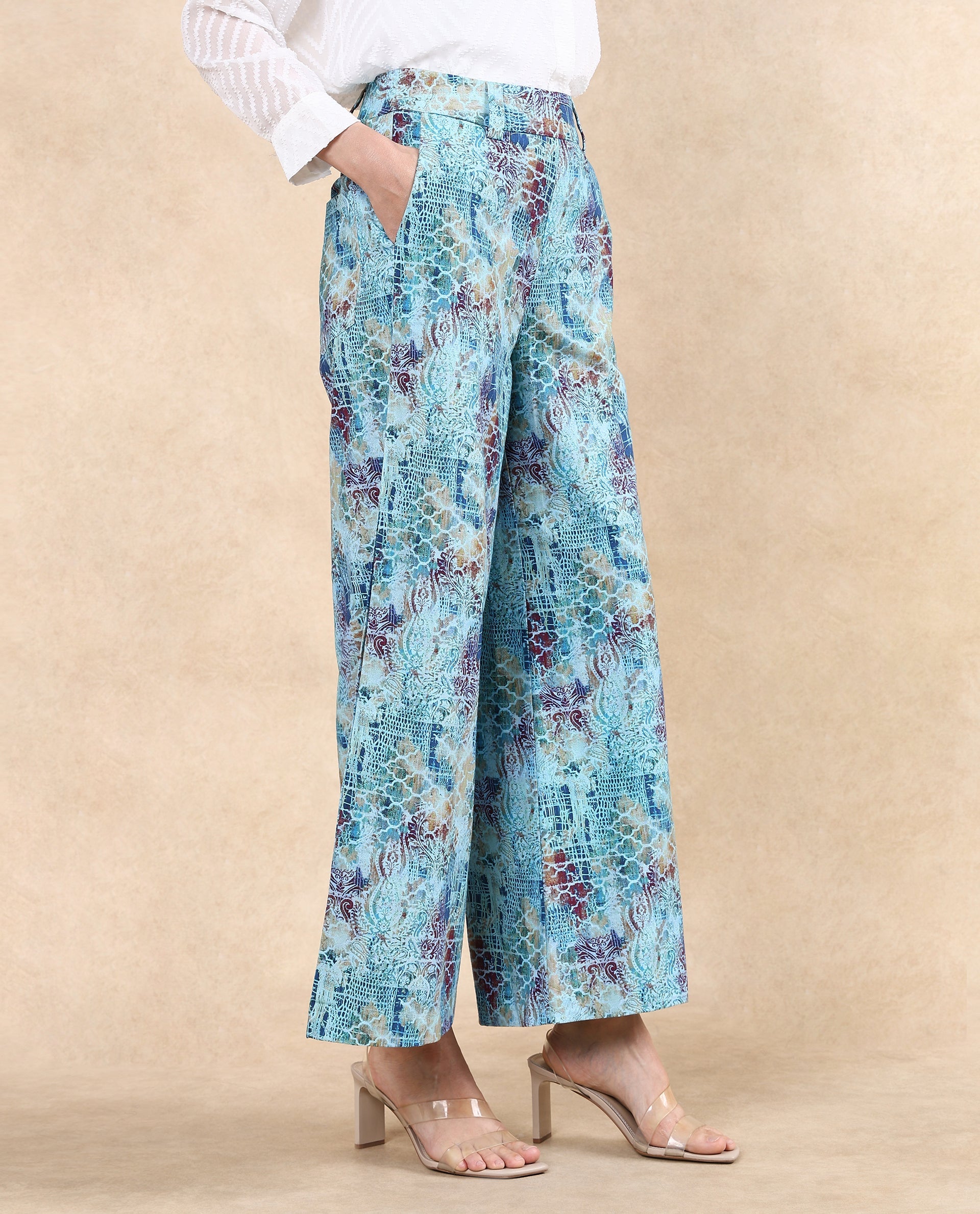 Rareism Women's Pescara Multi Cotton Abstract Print Ankle Length Wide Trouser