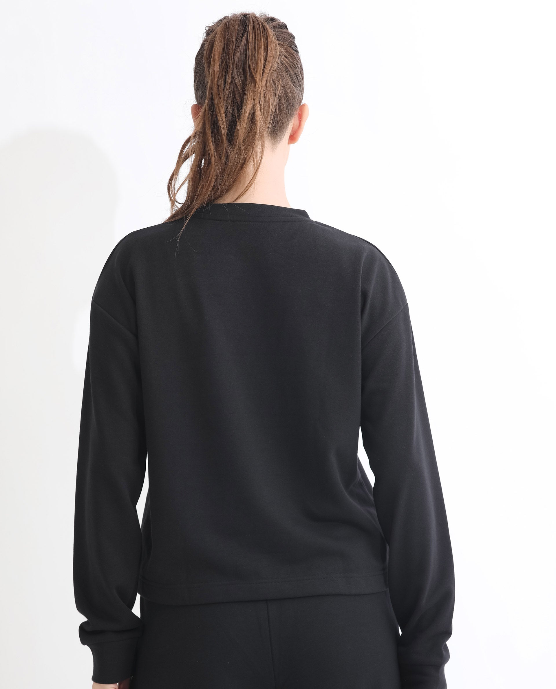 Rareism Women's Peggy Black Polyester Blend Ribbed Collar Graphic Print Cuffed Sleeve Relaxed Fit Sweatshirt