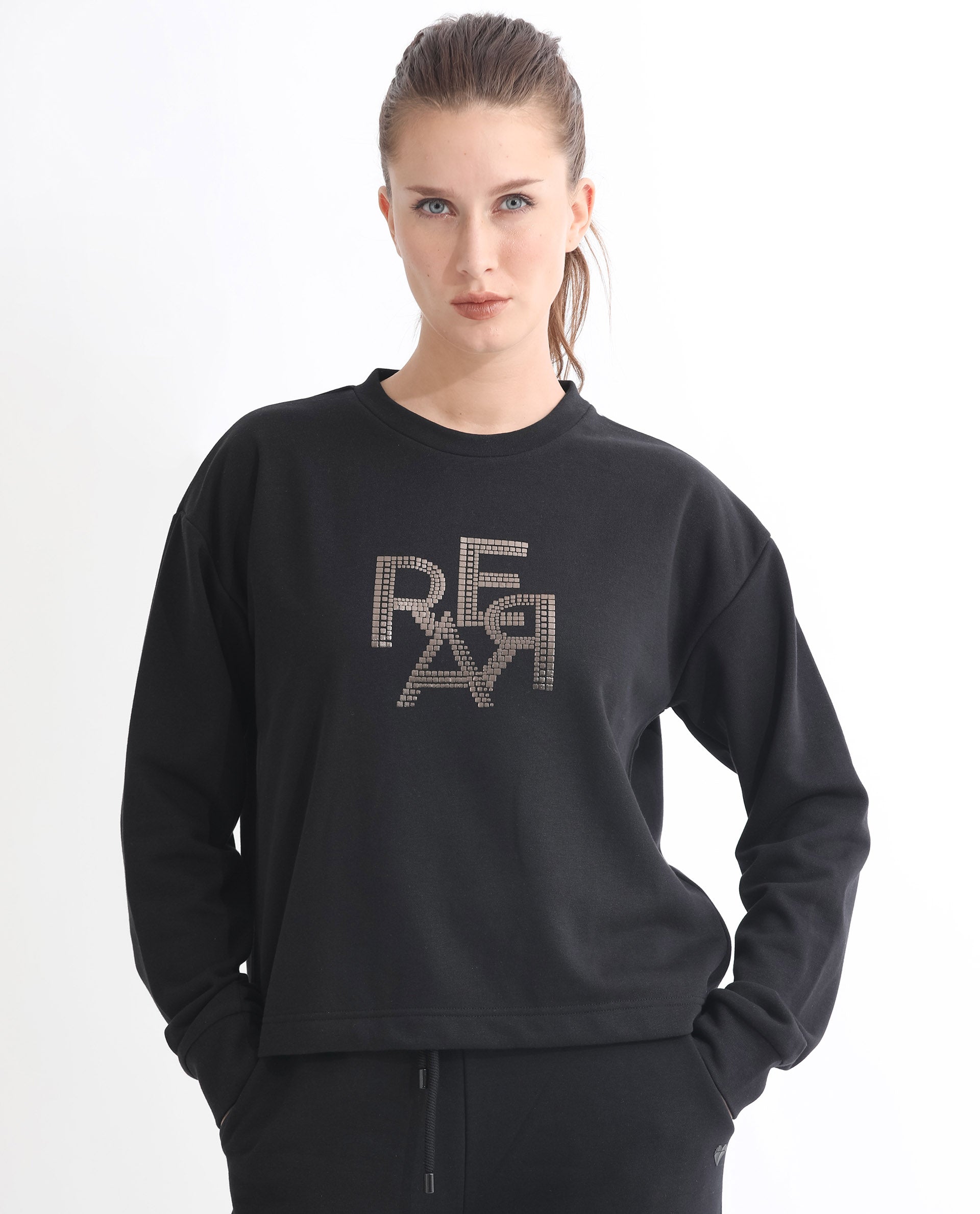 Rareism Women's Peggy Black Polyester Blend Ribbed Collar Graphic Print Cuffed Sleeve Relaxed Fit Sweatshirt
