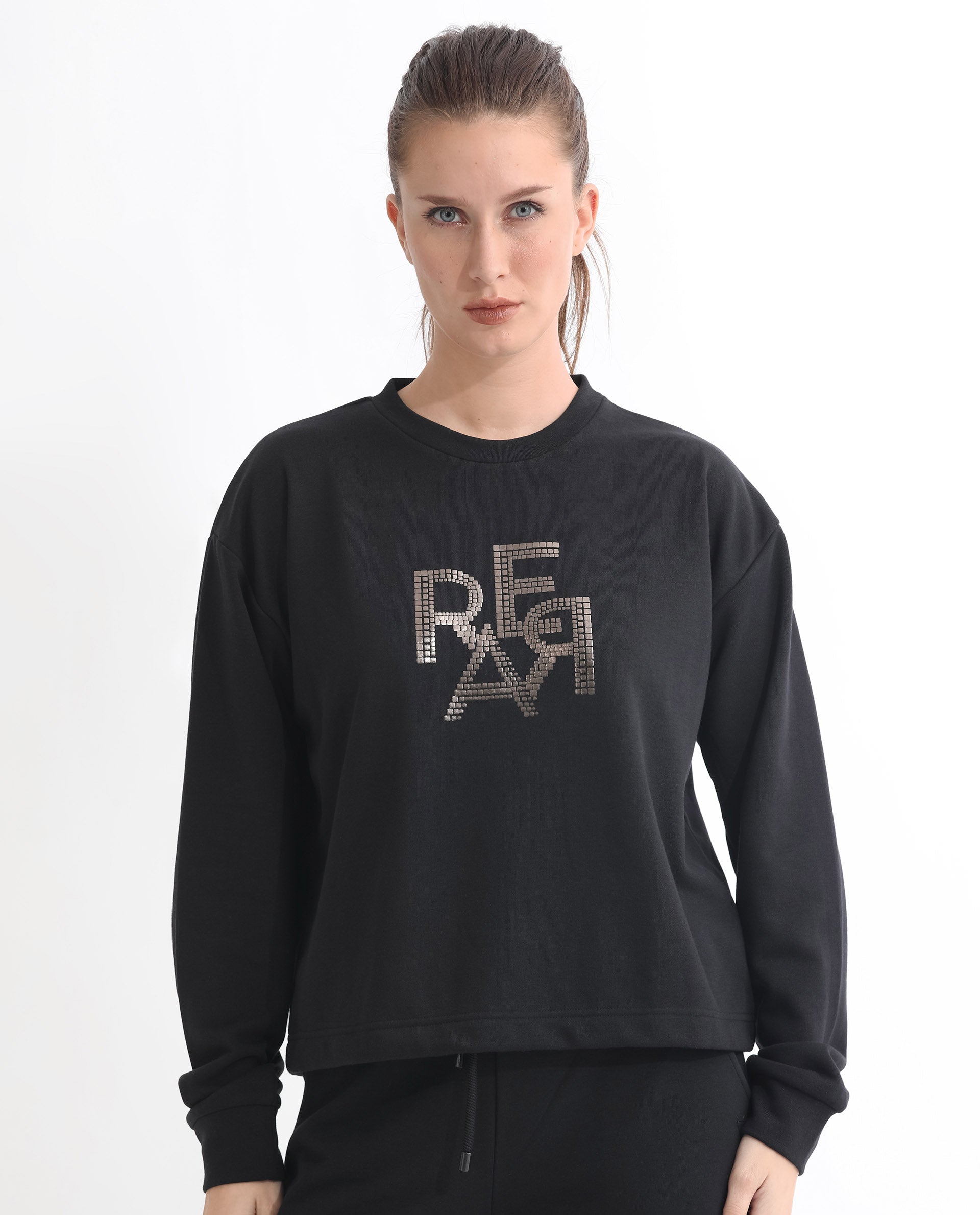 Rareism Women's Peggy Black Polyester Blend Ribbed Collar Graphic Print Cuffed Sleeve Relaxed Fit Sweatshirt