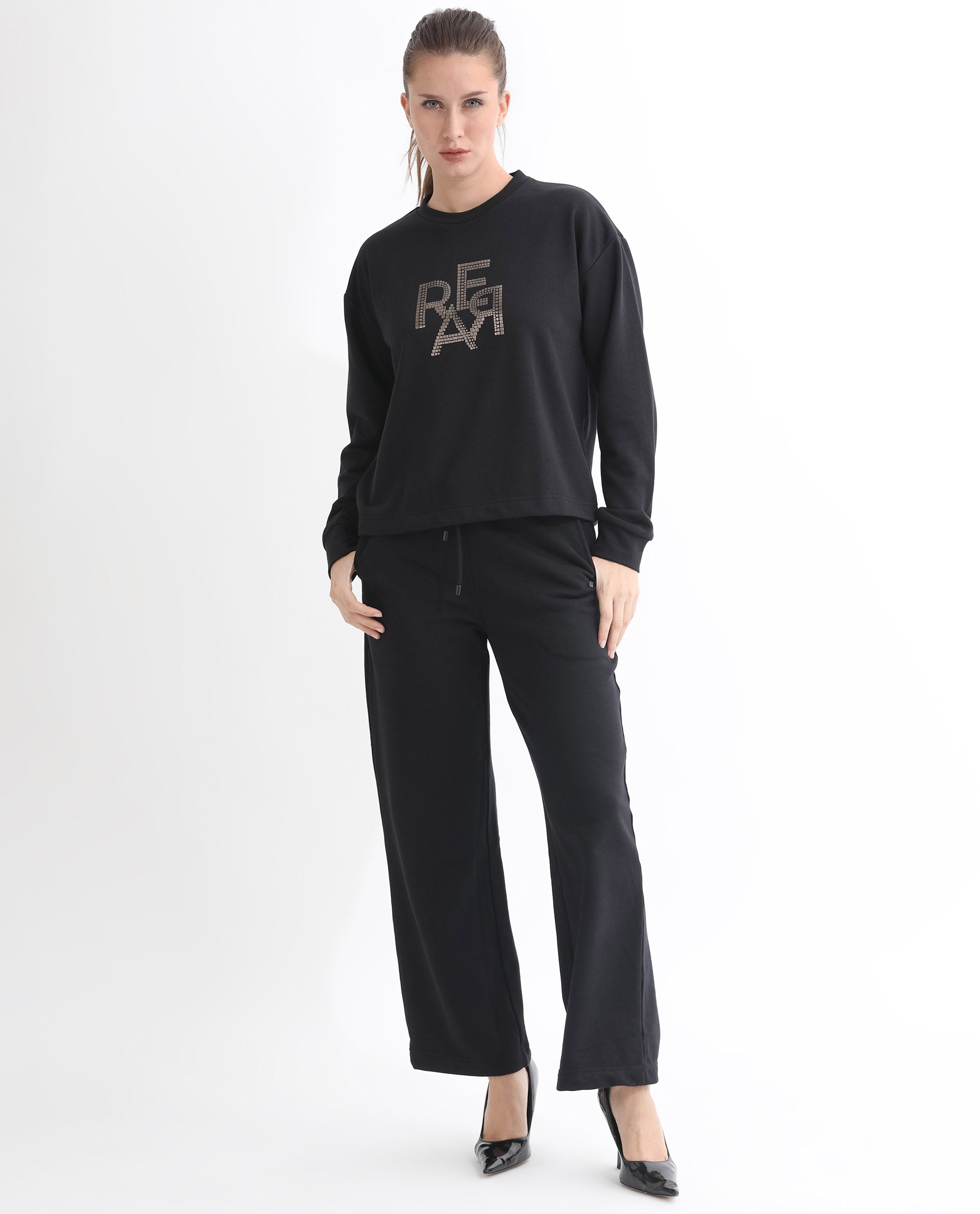Rareism Women's Peggy Black Polyester Blend Ribbed Collar Graphic Print Cuffed Sleeve Relaxed Fit Sweatshirt