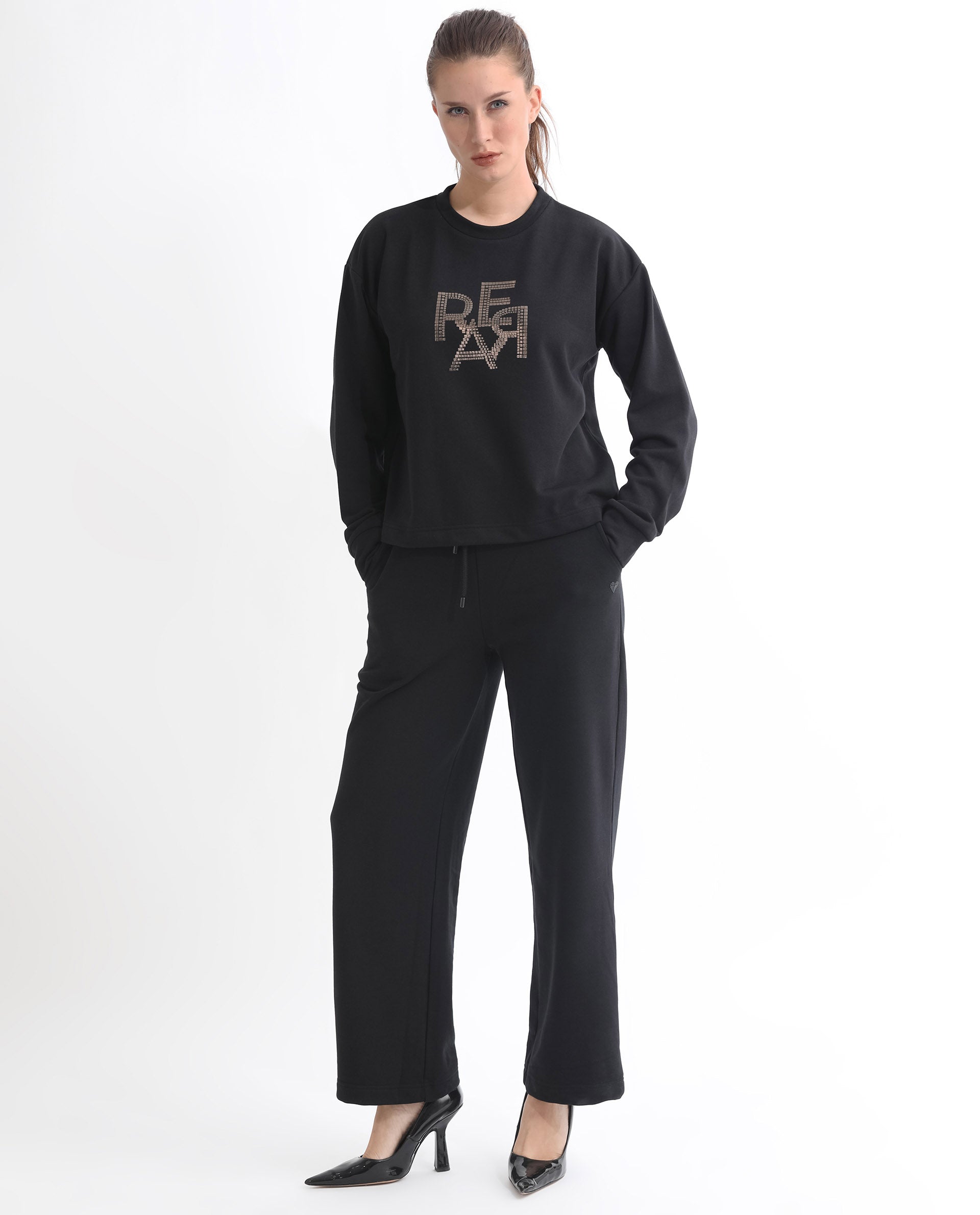Rareism Women's Peggy Black Polyester Blend Ribbed Collar Graphic Print Cuffed Sleeve Relaxed Fit Sweatshirt