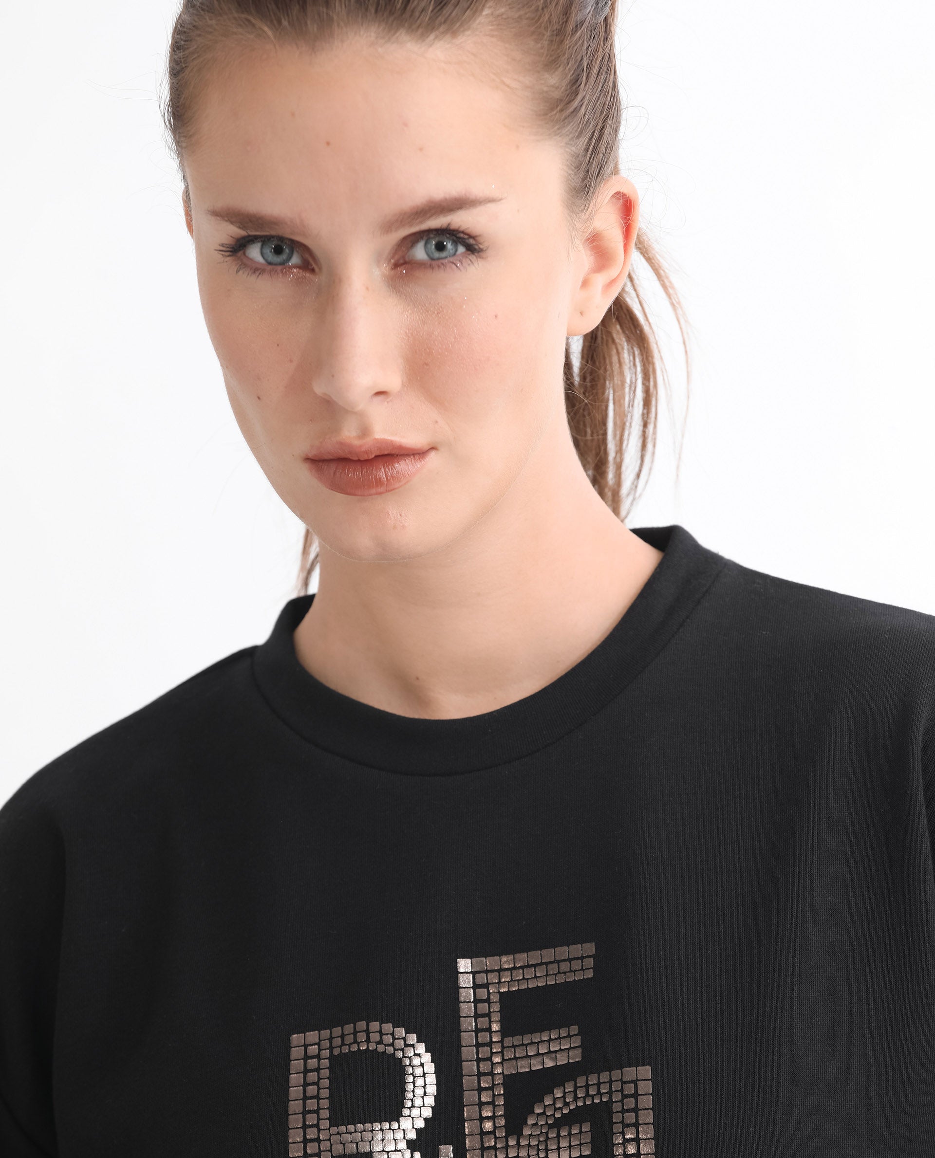 Rareism Women's Peggy Black Polyester Blend Ribbed Collar Graphic Print Cuffed Sleeve Relaxed Fit Sweatshirt