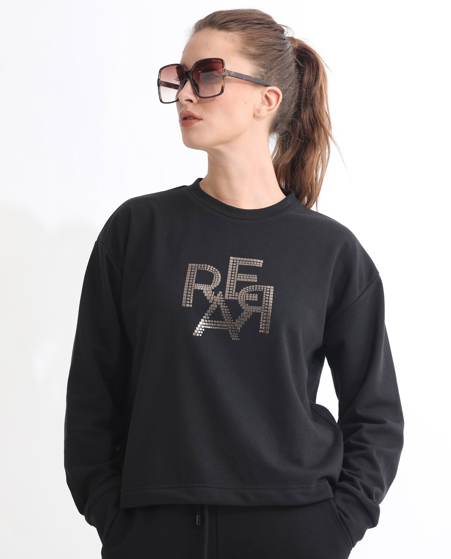 Rareism Women's Peggy Black Polyester Blend Ribbed Collar Graphic Print Cuffed Sleeve Relaxed Fit Sweatshirt