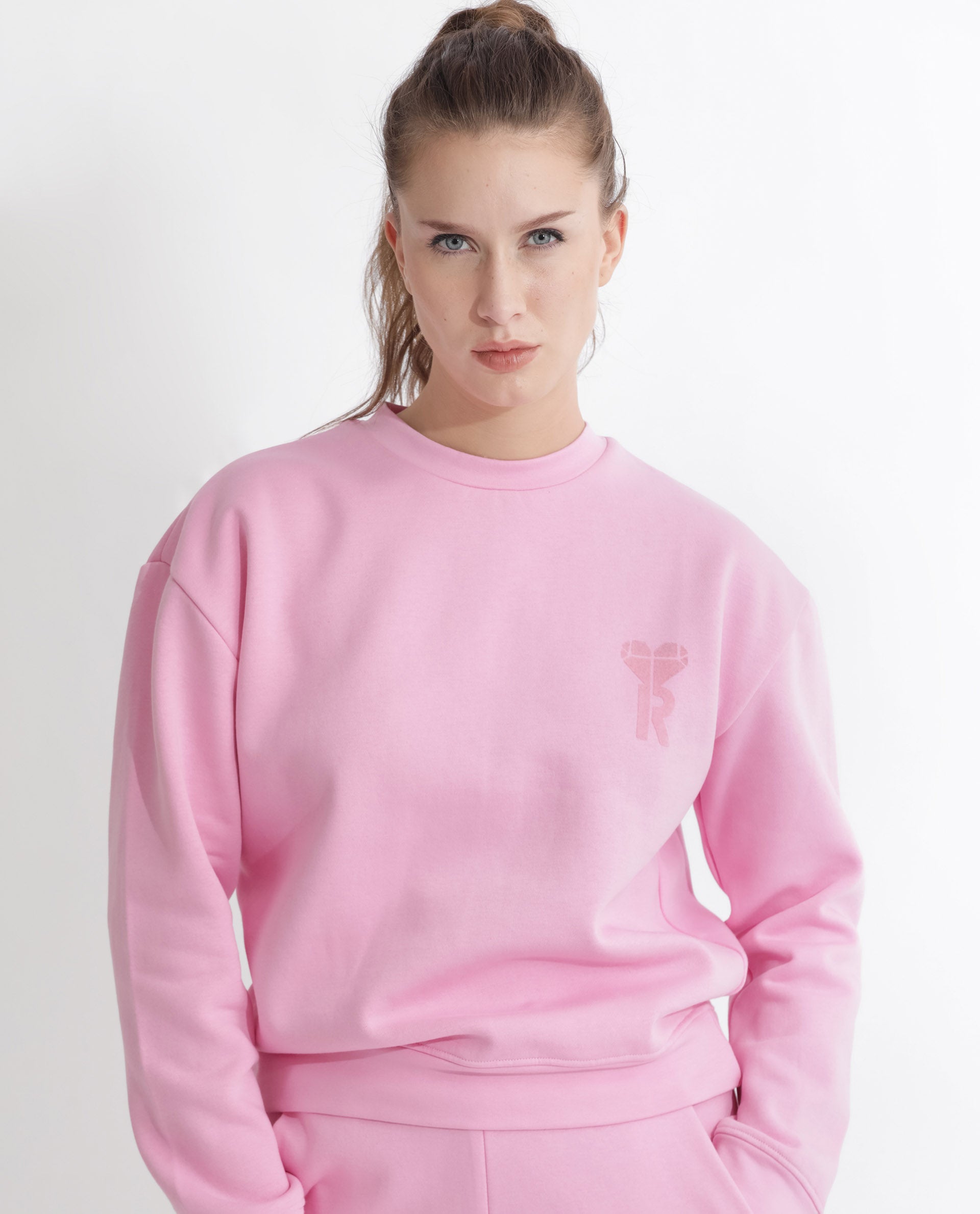 Rareism Women's Pelser Light Pink Polyester Blend Ribbed Collar Plain Cuffed Sleeve Relaxed Fit Sweatshirt