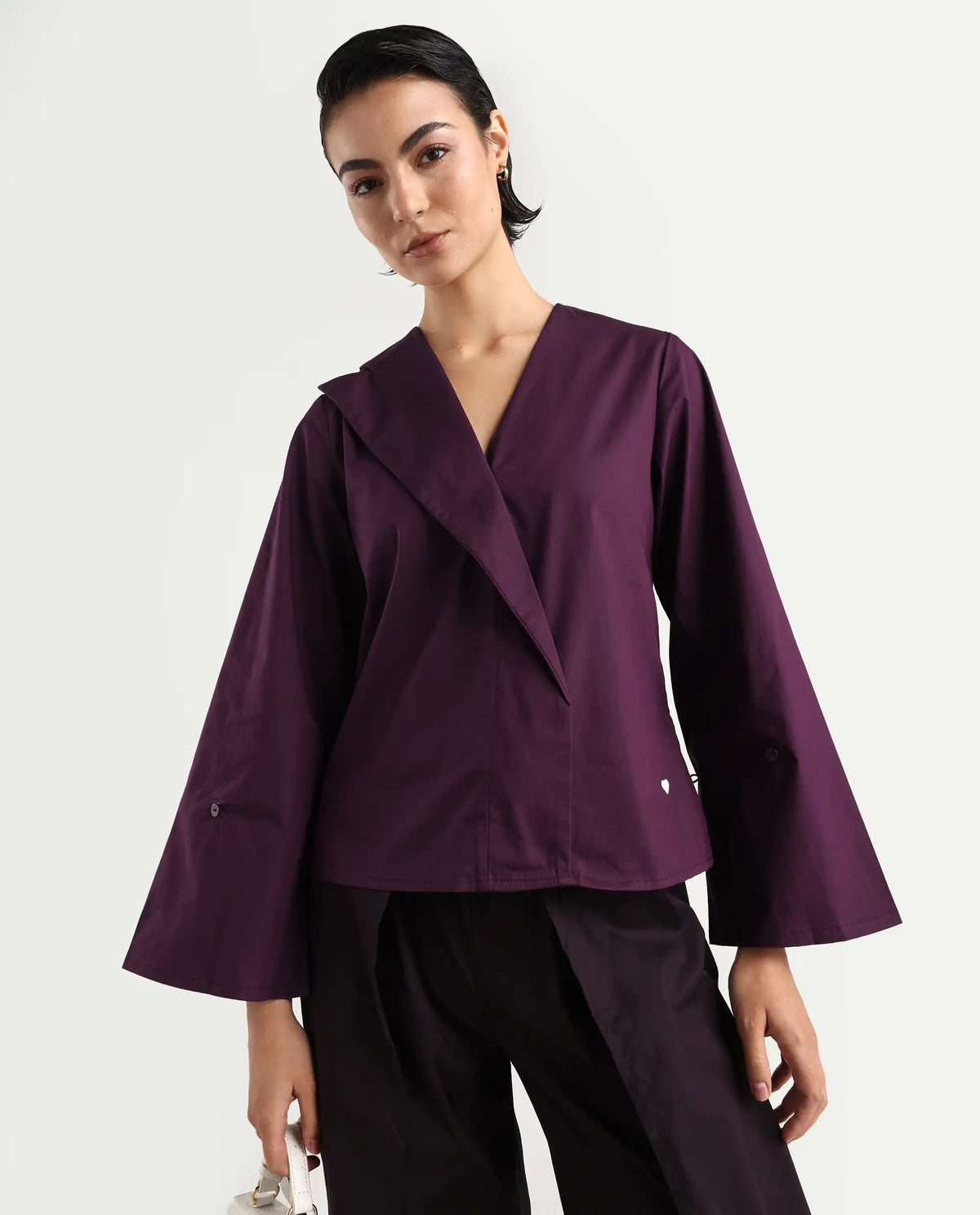 Rareism Women's Perdu Purple Cotton Blend V-Neck Plain Bell Sleeve Regular Fit Top