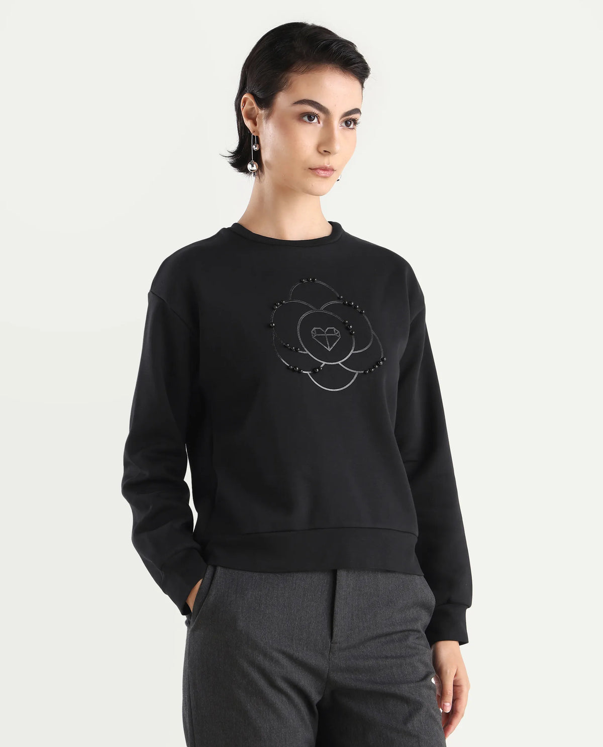 Rareism Women's Pere Black Cotton Blend Crew Neck Graphic Print Relaxed Fit Sweatshirt