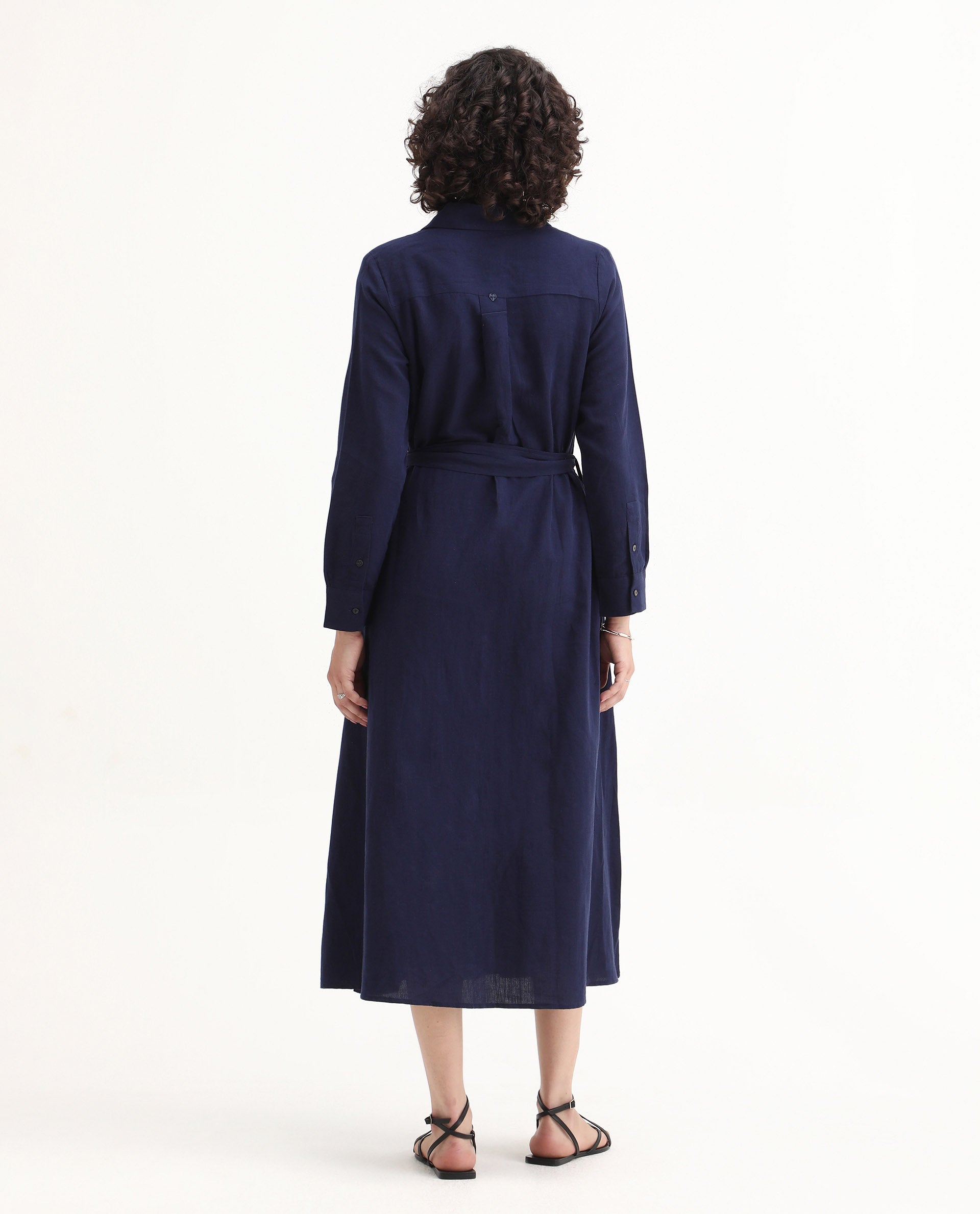 Rareism Women's Perif Dark Navy Linen Blend Drop Collar Plain Cuffed Sleeve Midi A-Line Dress